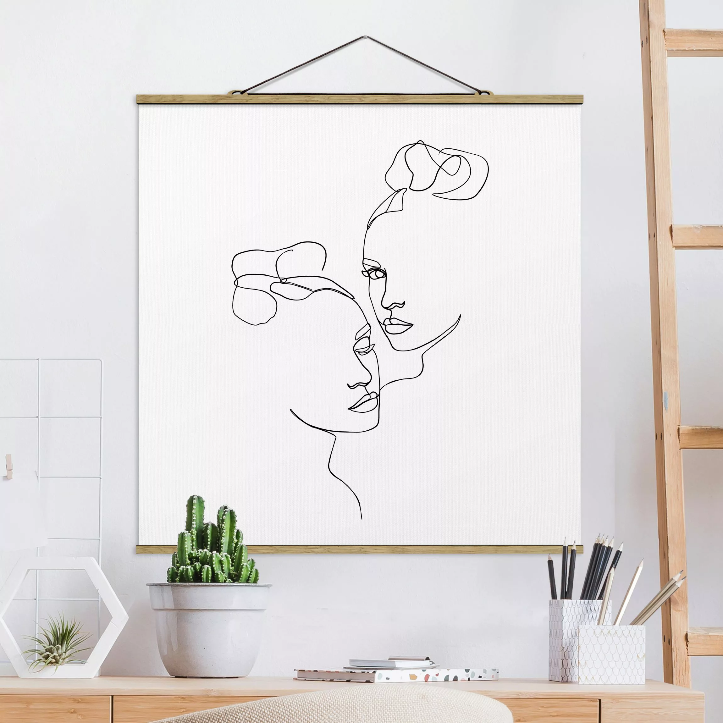 Stoffbild Abstrakt mit Posterleisten - Quadrat Line Art Gesichter Frauen Sc günstig online kaufen