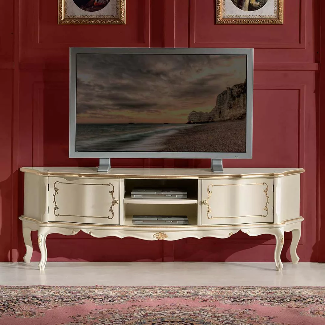 TV Lowboard in Weiß und Goldfarben verziert Barock Design günstig online kaufen