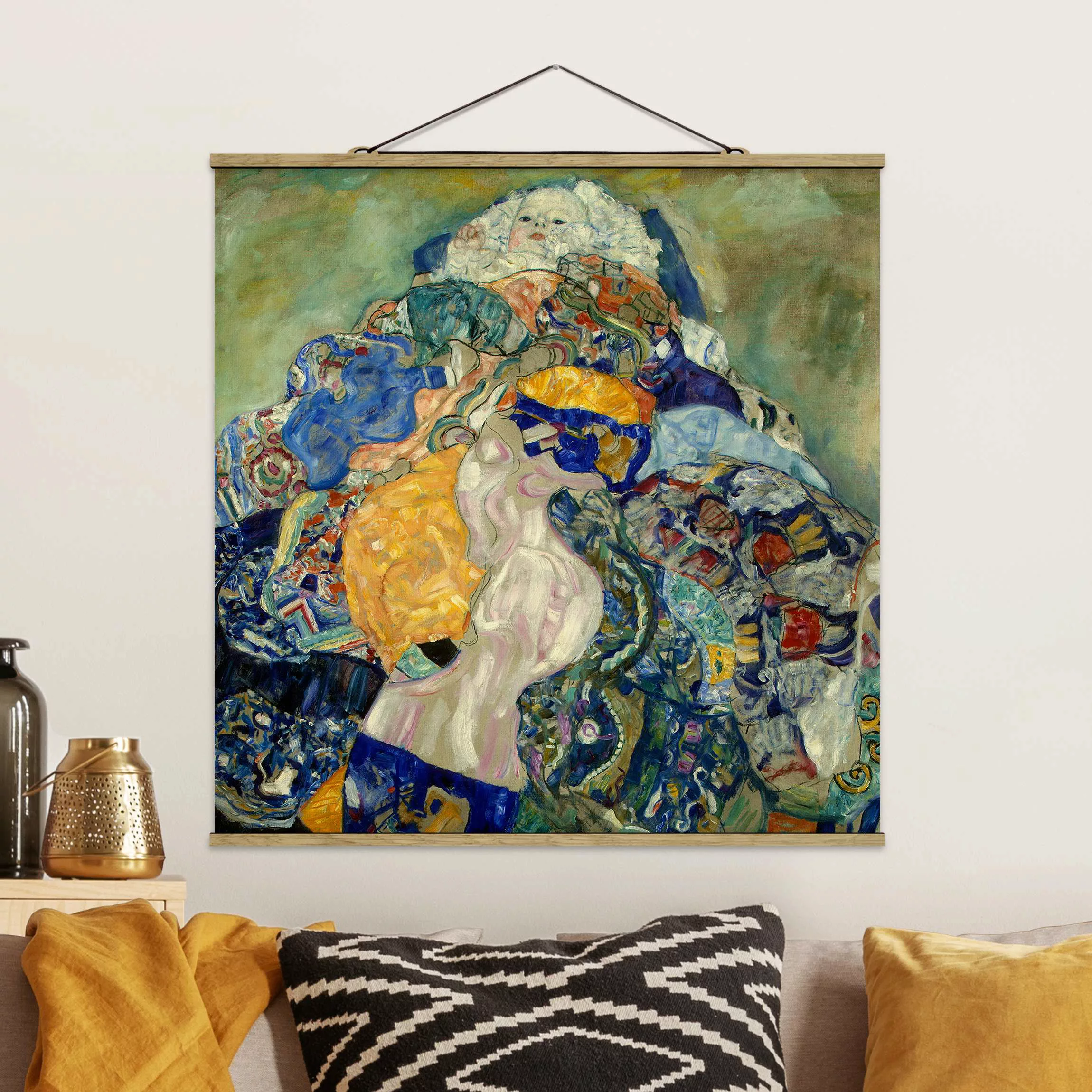 Stoffbild Kunstdruck mit Posterleisten - Quadrat Gustav Klimt - Baby (Wiege günstig online kaufen