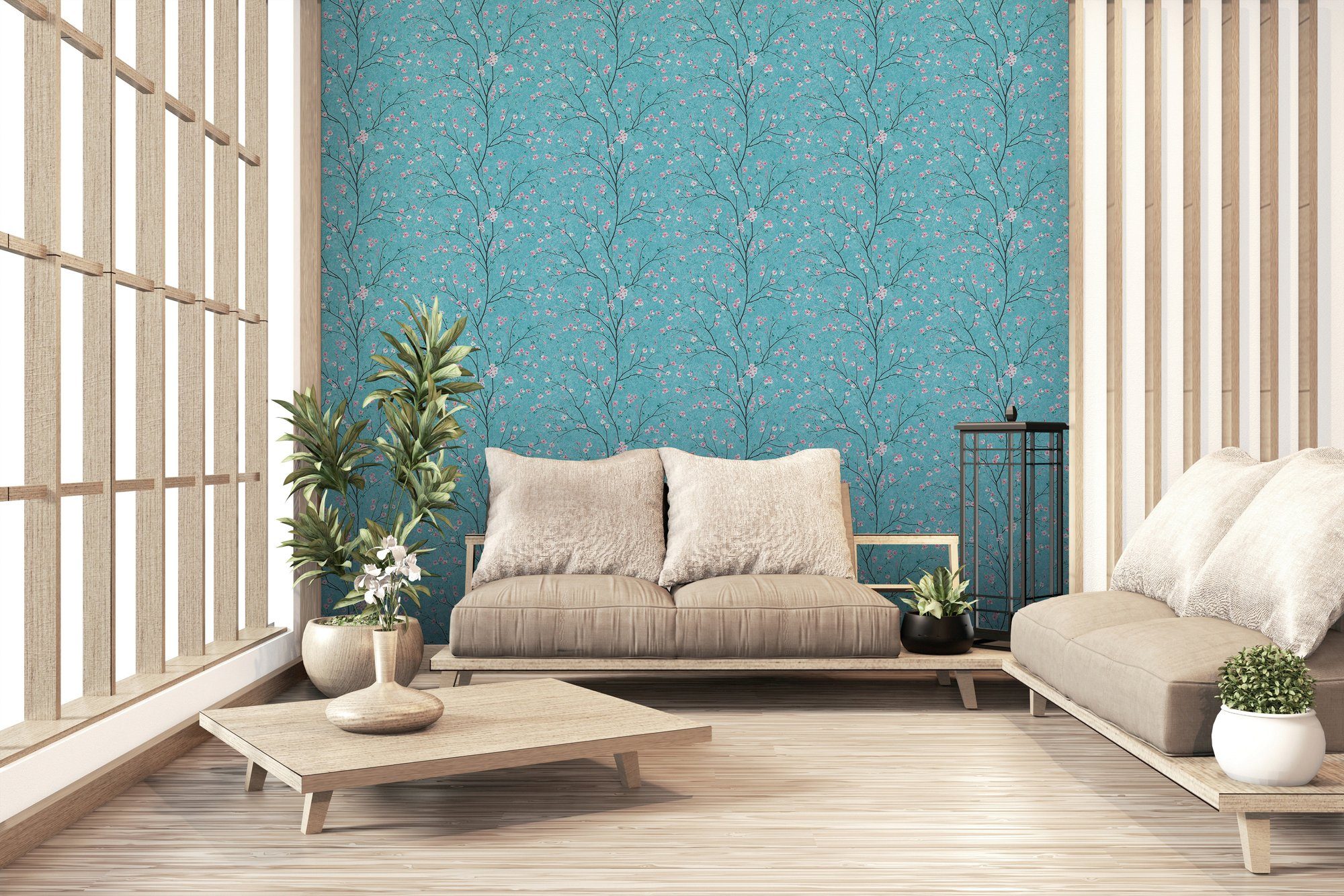 Bricoflor Japanische Vliestapete Hellblau Rosa Florale Tapete mit Kirschblü günstig online kaufen