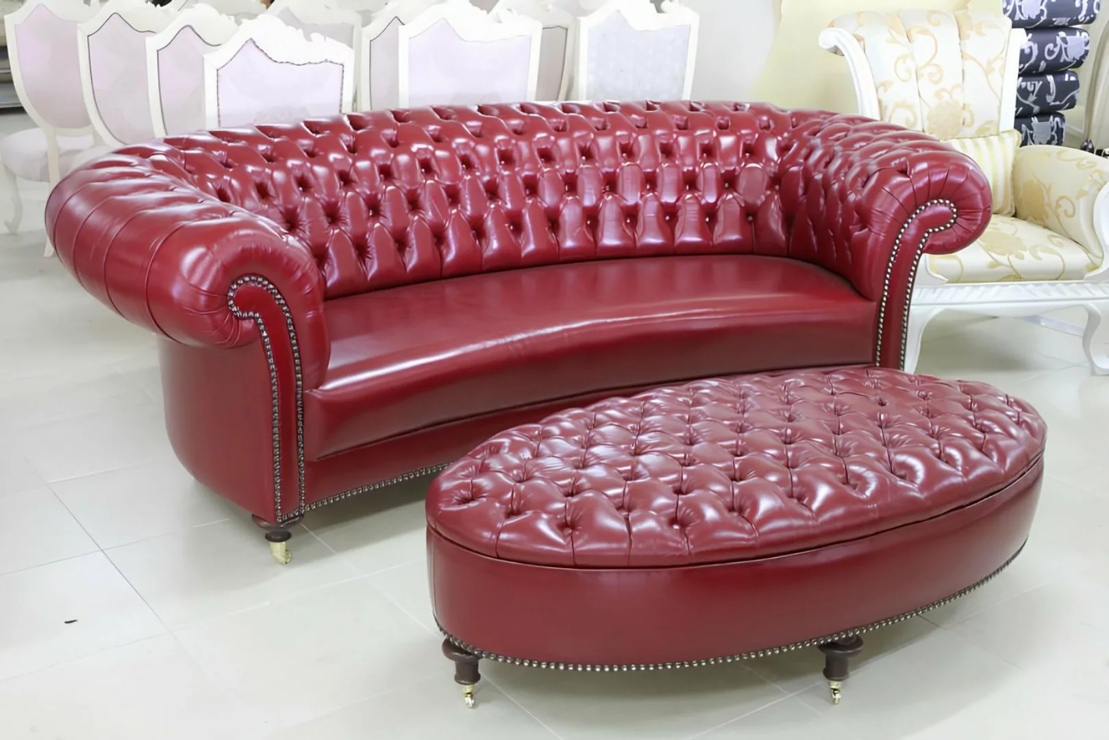 Xlmoebel Sofa Chesterfield Dreisitzer Sofa mit Hocker Polstermöbel Leder, H günstig online kaufen