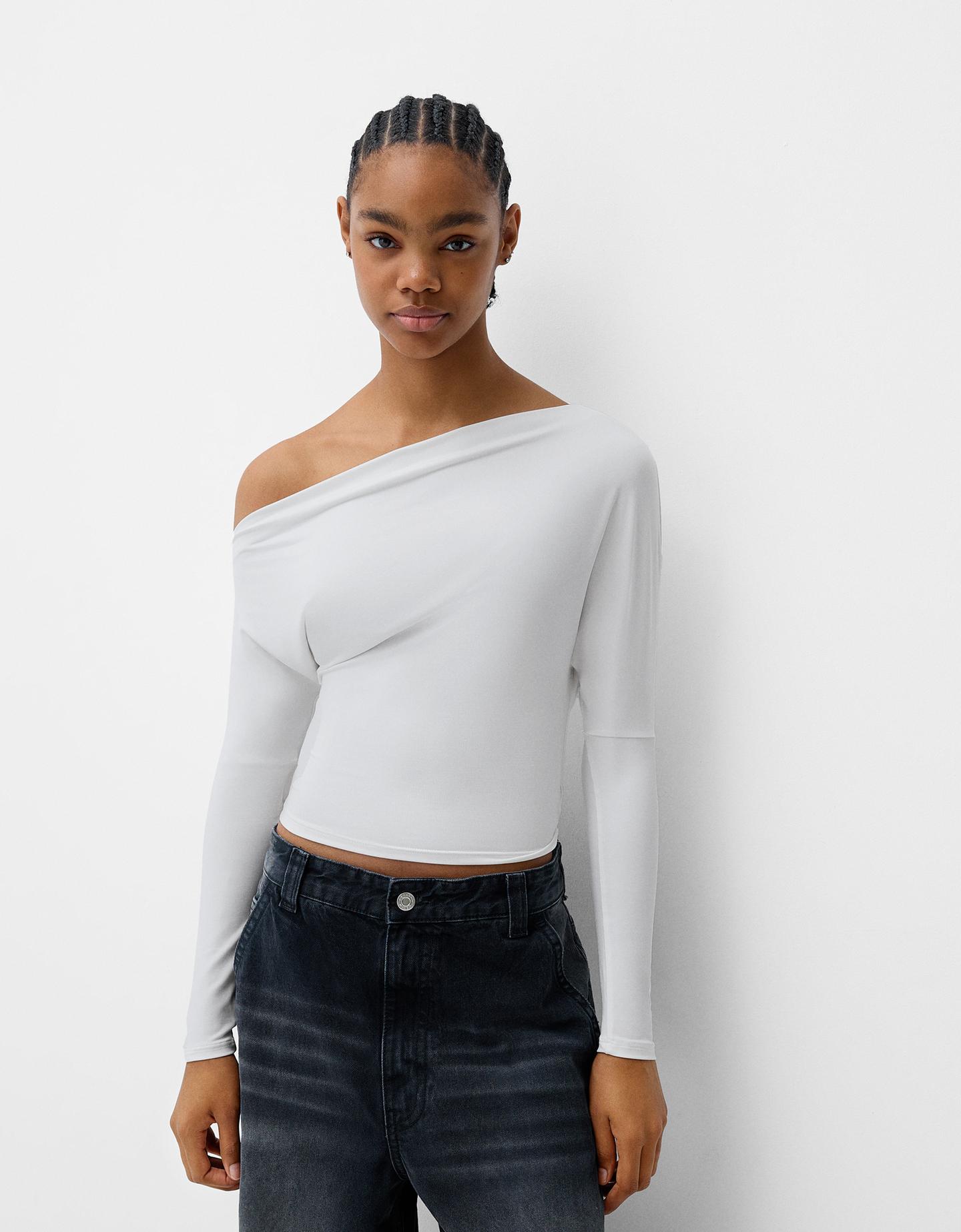 Bershka Asymmetrisches Langarmshirt Damen Xs Grbrochenes Weiss günstig online kaufen