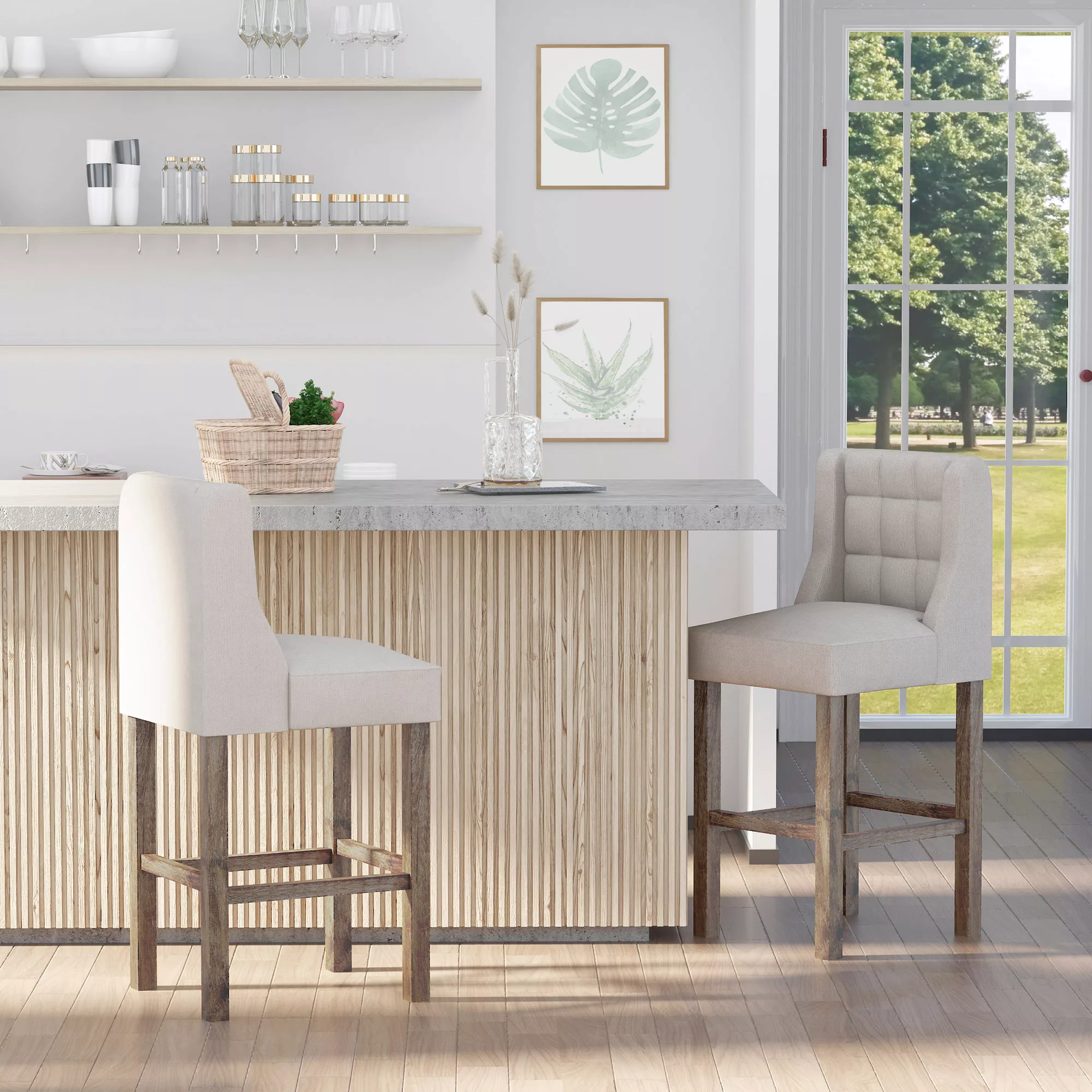 HOMCOM 2er-Set Barhocker mit lehne Barstühle mit Knopfheftung, Massivholz, günstig online kaufen