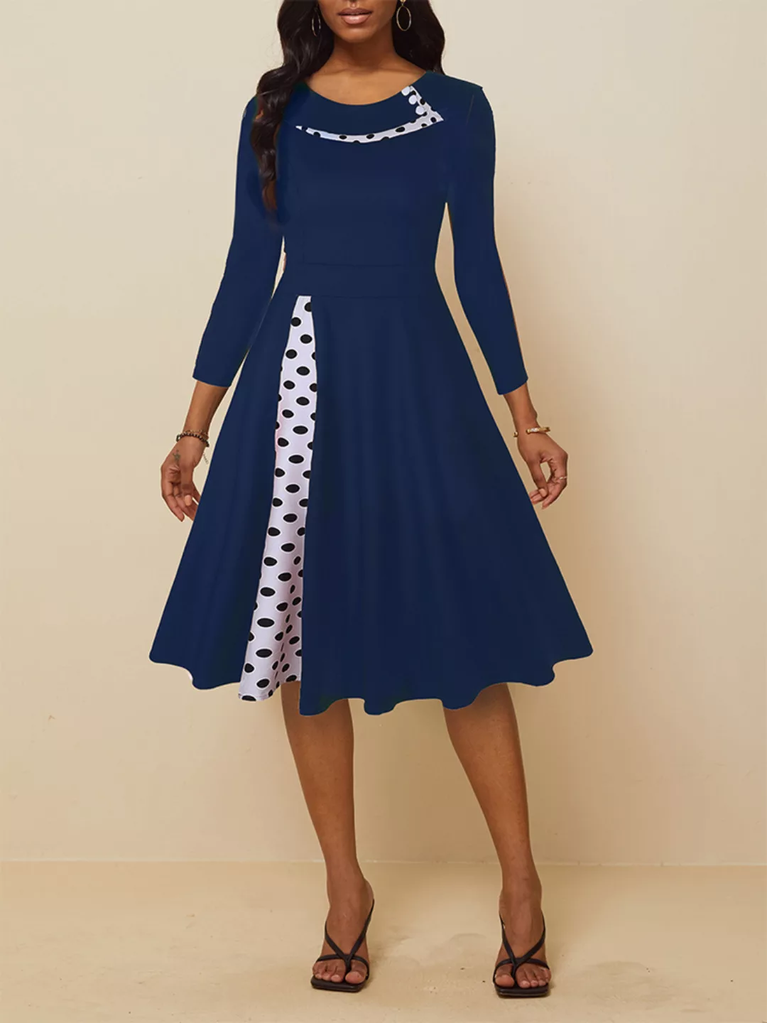 Vintage Patched Dot Print Zurück Reißverschluss Big Swing Kleid günstig online kaufen