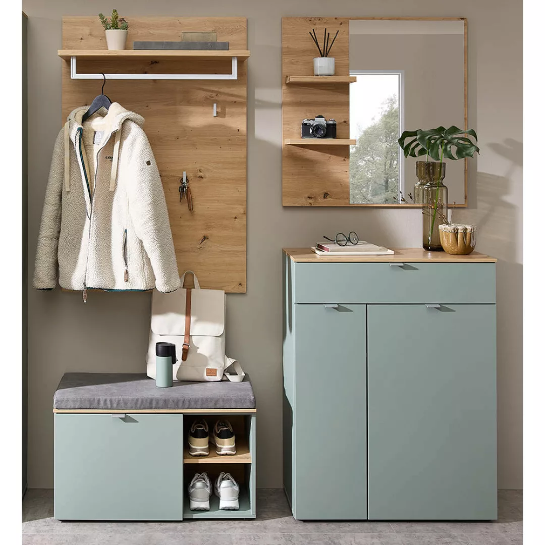 Garderoben Set 4-teilig mit Schuhkommode grün matt mit Eiche BLISS-36 günstig online kaufen