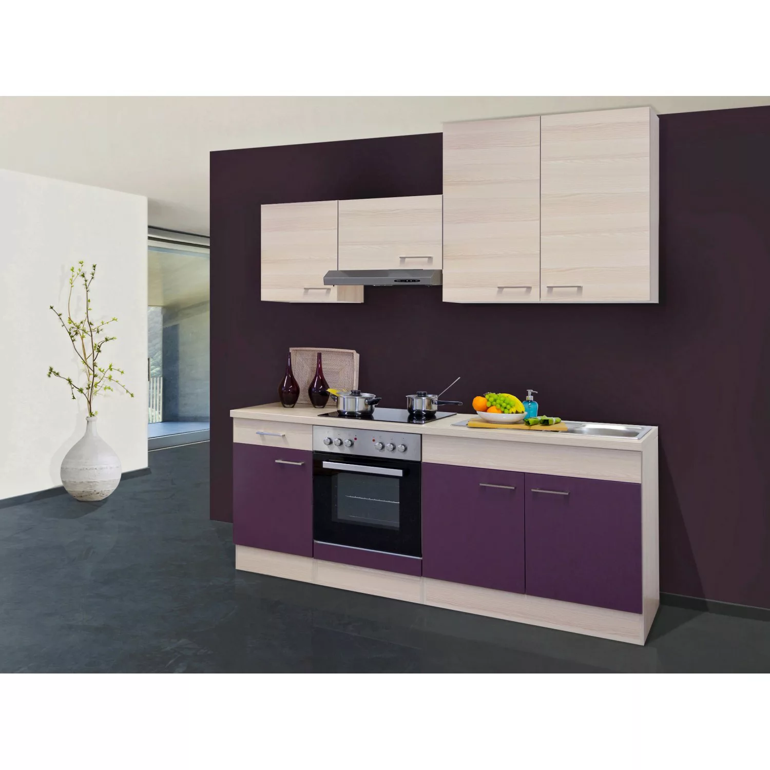 Flex-Well Exclusiv Küchenzeile Focus 210 cm Akazie-Aubergine günstig online kaufen