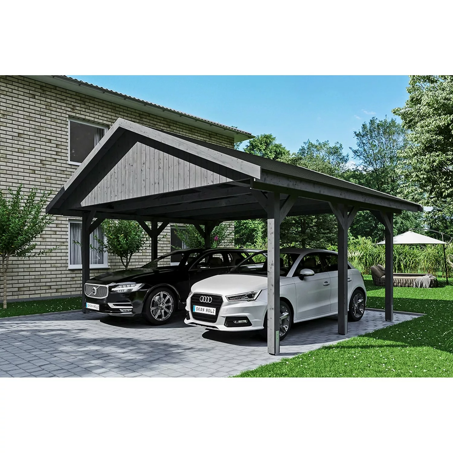 Satteldach-Carport Wallgau 620 x 500 cm Schiefergrau schwarze Schindeln günstig online kaufen