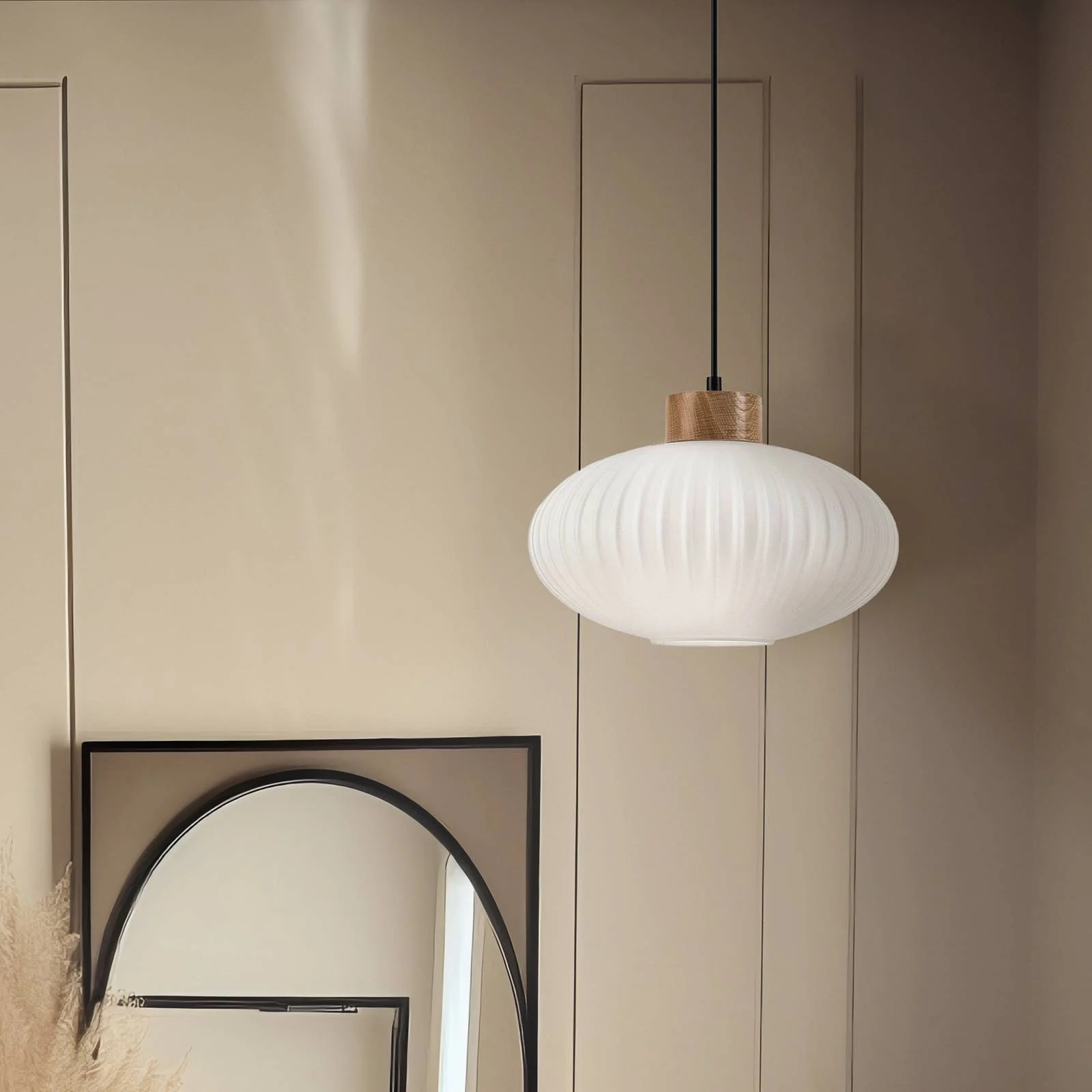 Hängeleuchte Harmony, Ø 25 cm, weiß/eiche, Glas/Holz günstig online kaufen