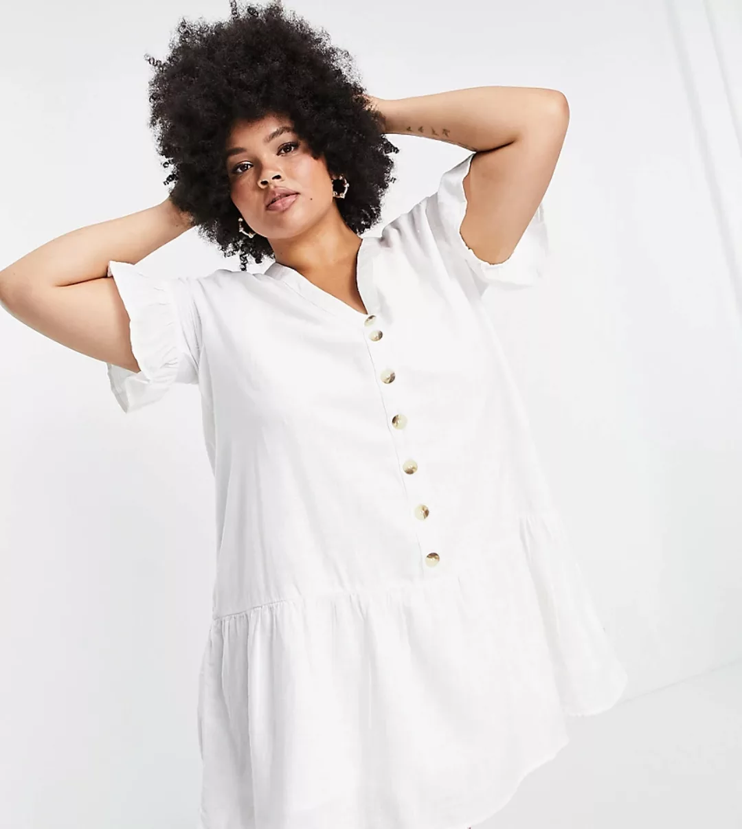 In The Style Plus x Jac Jossa – Hängerkleid in Weiß mit Knopfleiste und Rüs günstig online kaufen