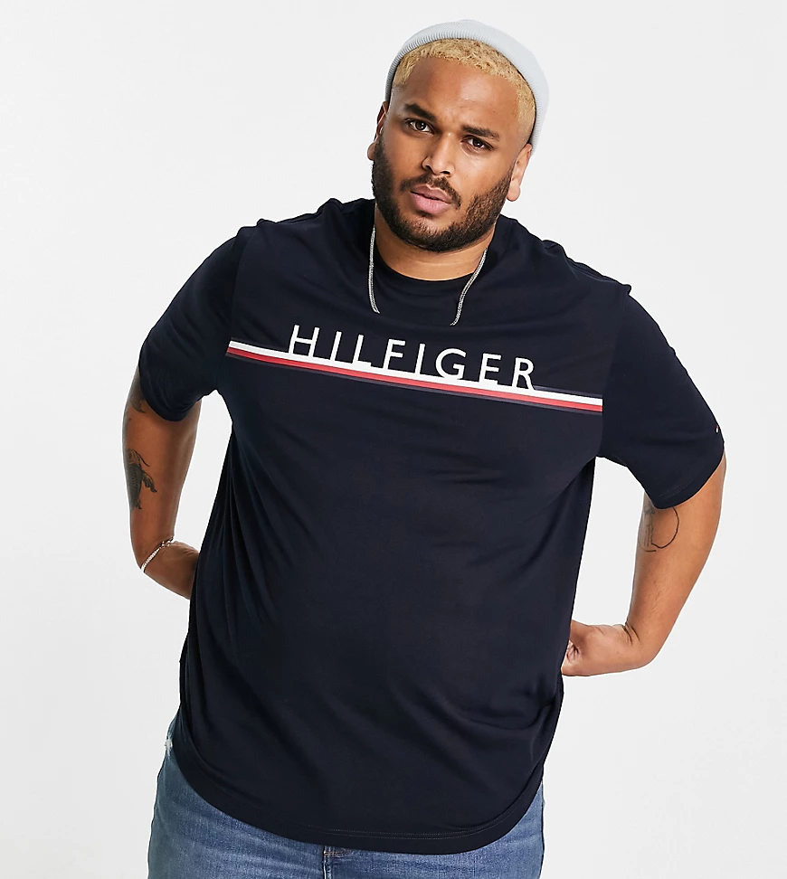 Tommy Hilfiger – Big & Tall – T-Shirt mit Logo-Streifen-Design-Schwarz günstig online kaufen