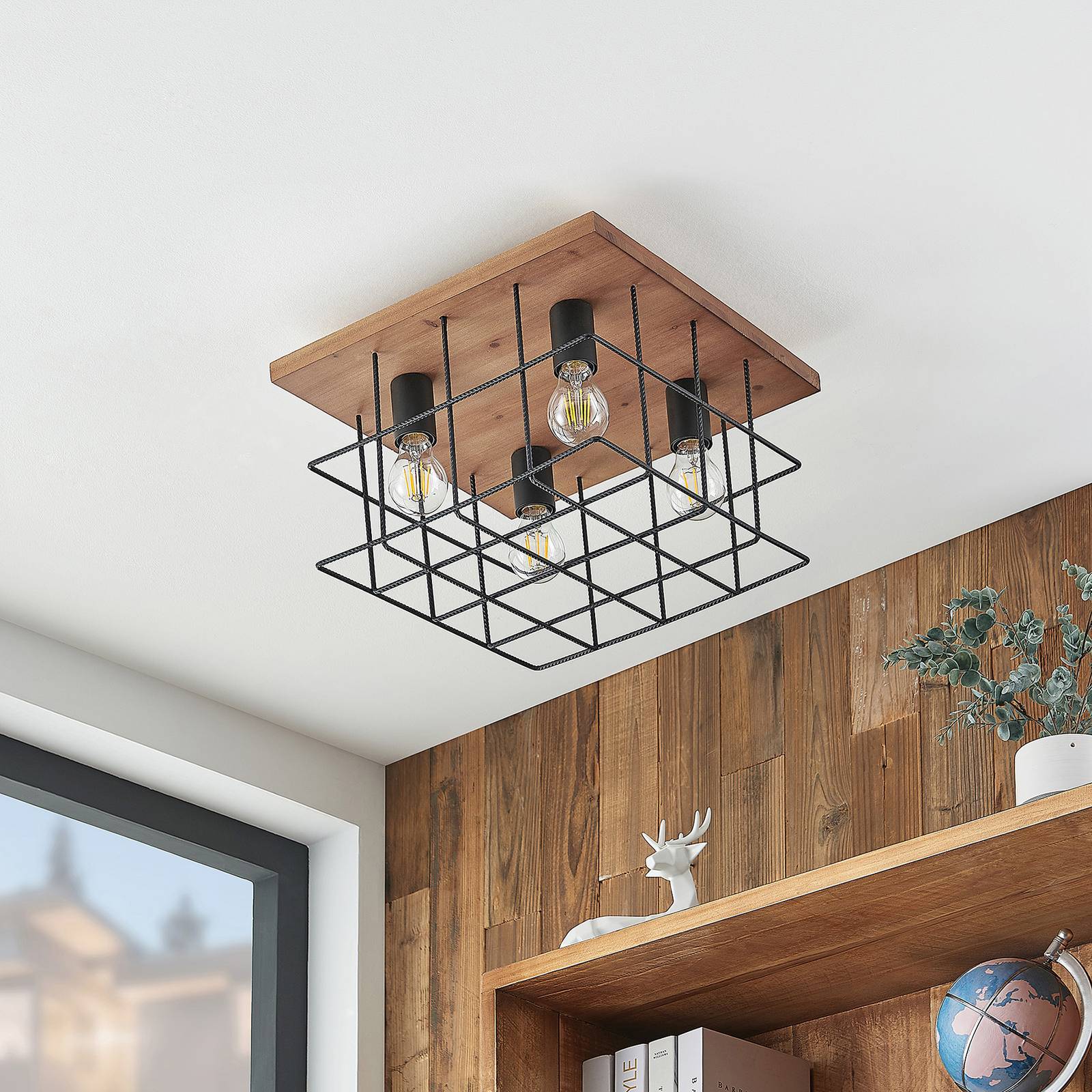Lindby Mireille Käfig-Deckenlampe mit Holz, 4-fl. günstig online kaufen