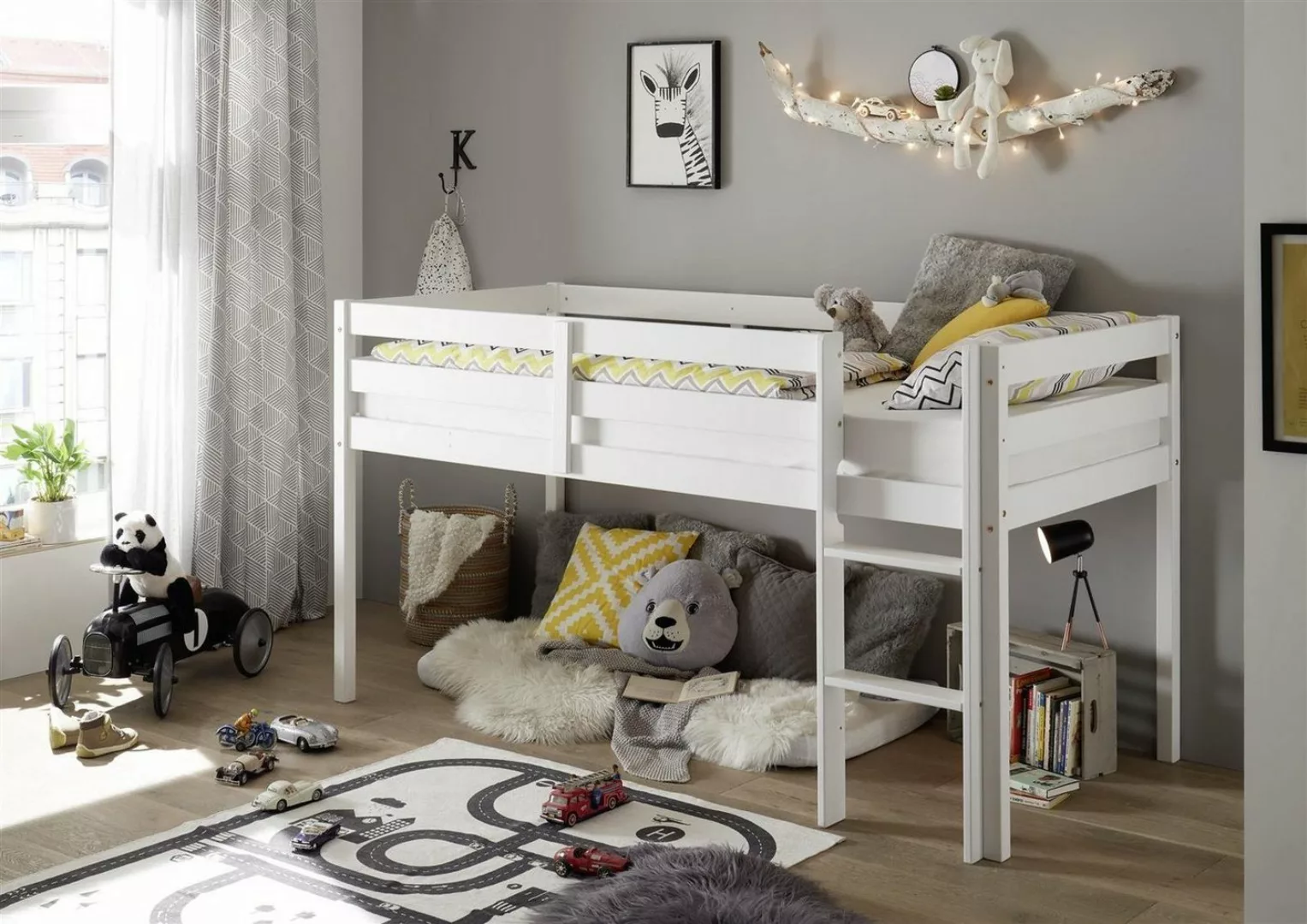 möbelando Kinderbett Keni, Modernes Hochbett mit Leiter & 90 x 200 cm Liege günstig online kaufen