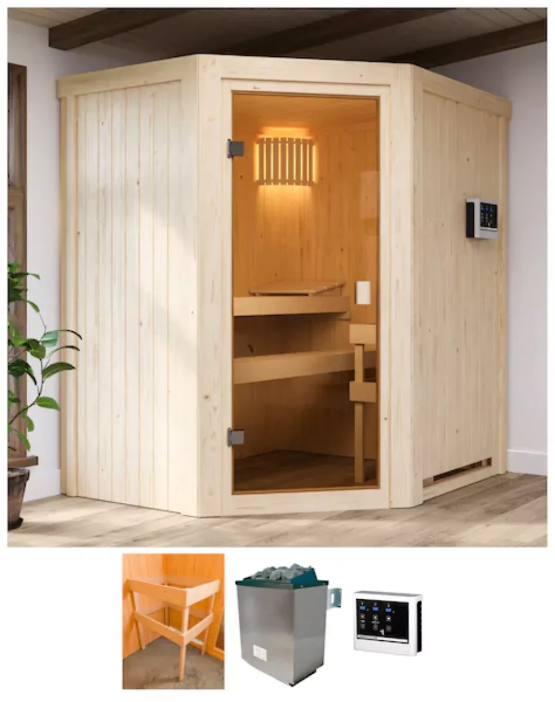 Karibu Sauna »Fausin«, mit Ofen 9 kW Bio mit ext. Strg. günstig online kaufen
