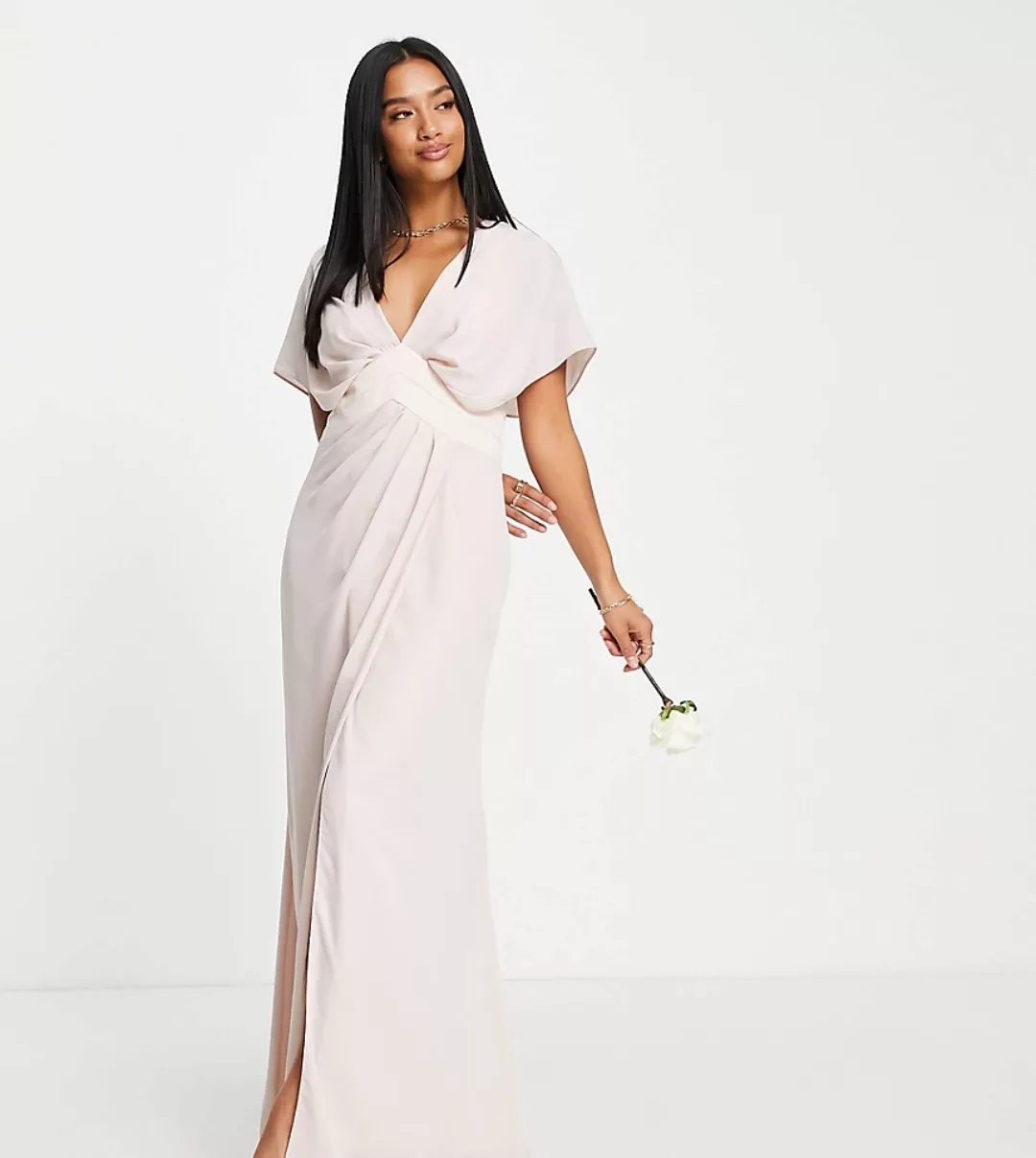ASOS DESIGN Petite – Bridesmaid – Satin-Maxikleid mit Blousonärmeln, Taille günstig online kaufen