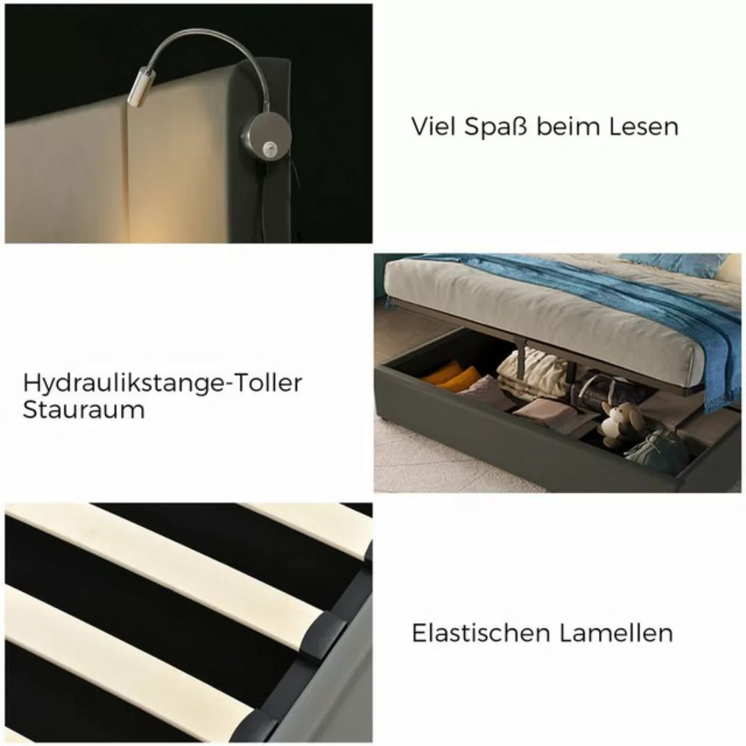 Rosaking Polsterbett Doppelbett Stauraum Bettkasten Leselicht mit USB Ladef günstig online kaufen