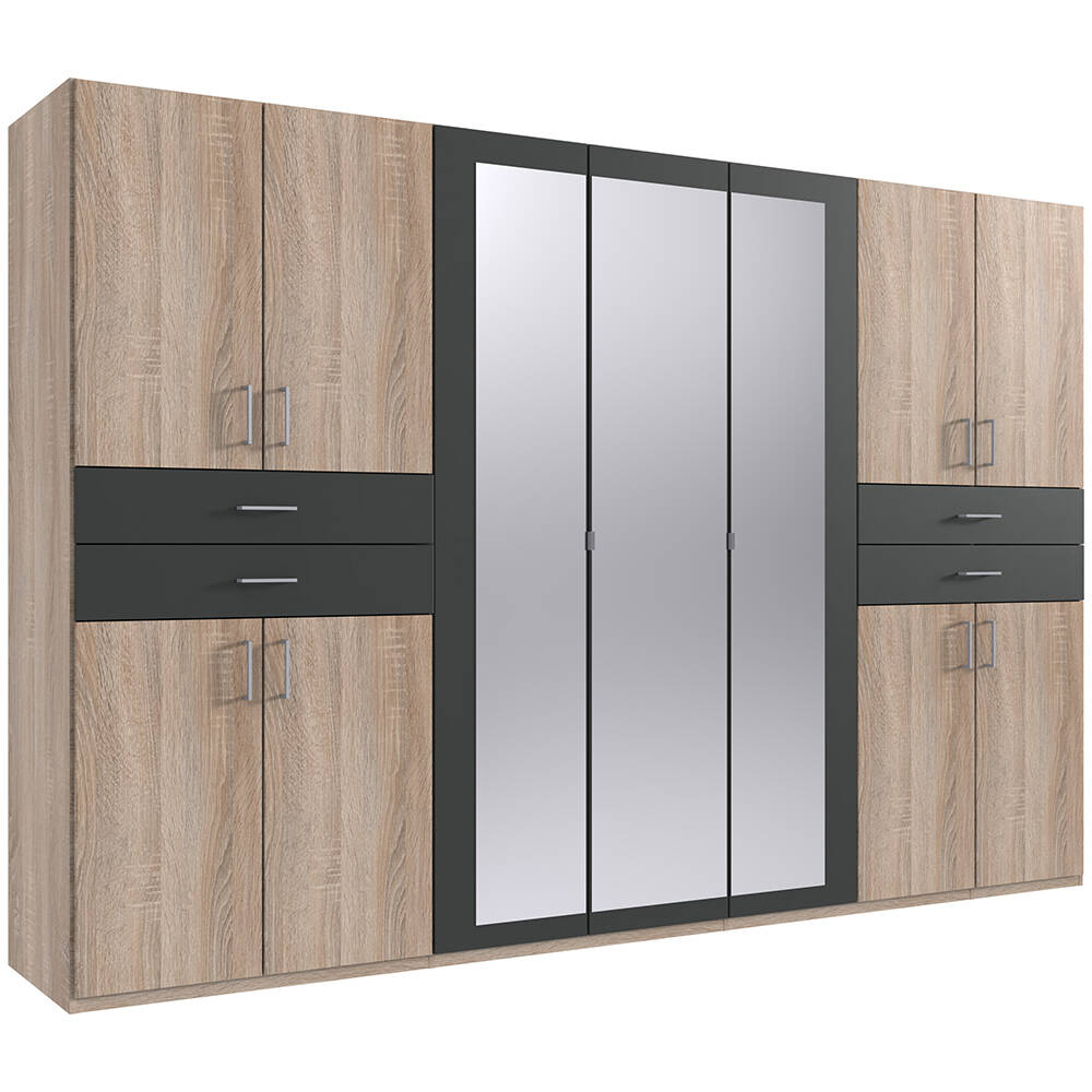 Kleiderschrank mit Spiegel, 313 cm breit modern in Eiche sägerau mit graphi günstig online kaufen