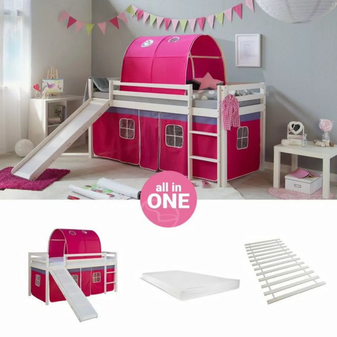 Homestyle4u Hochbett 90x200 cm Kinderbett Weiß mit Vorhang Pink (Set, mit T günstig online kaufen