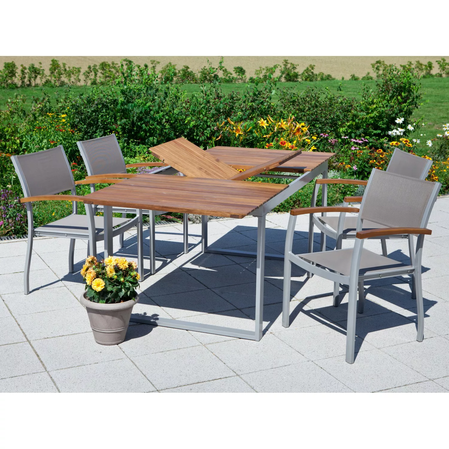 Gartenmöbel-Set Naxos 5-tlg. Grau inkl. Tisch 150/200 cm x 90 cm günstig online kaufen