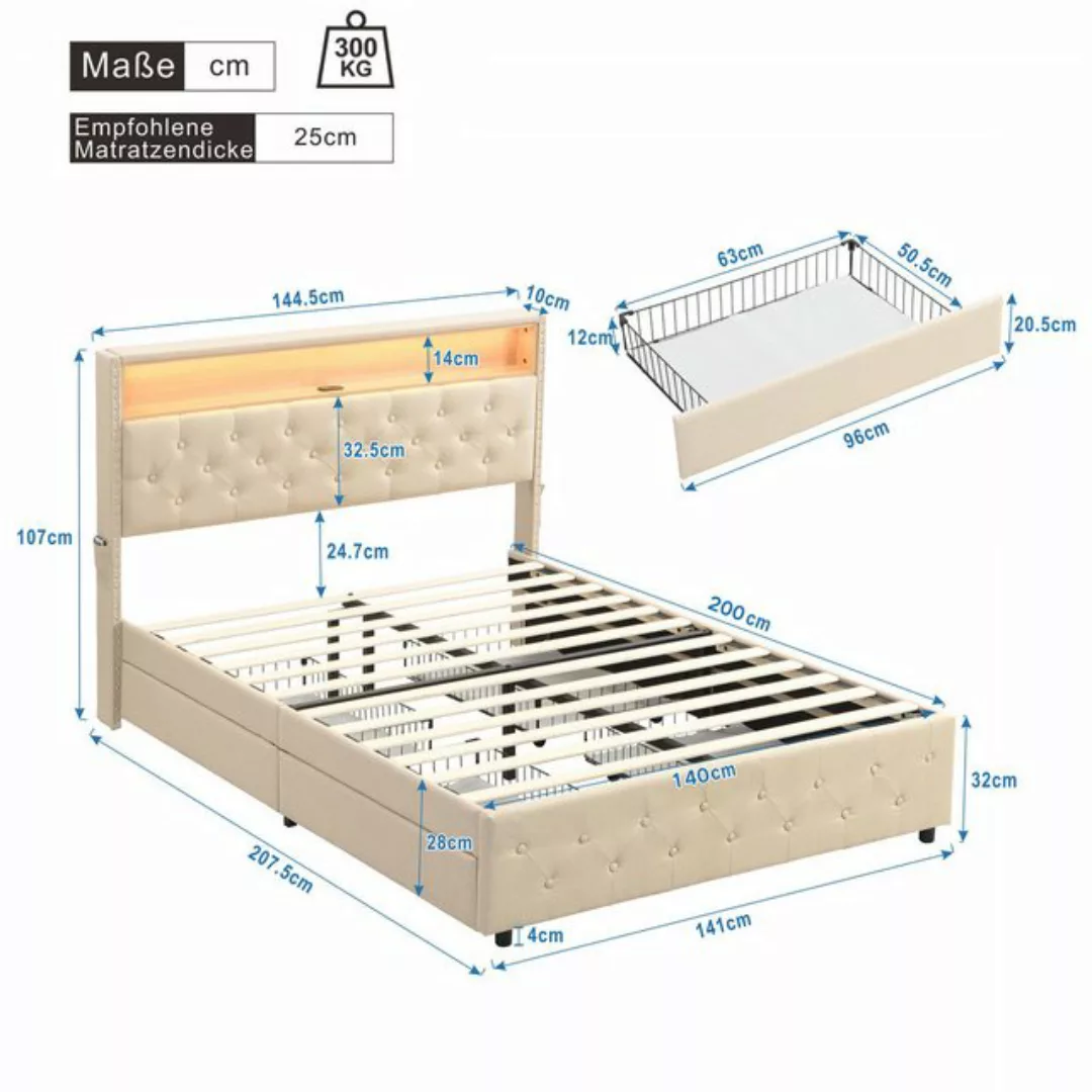 HAUSS SPLOE Polsterbett 140x200 mit LED-Licht, USB-Schnittstelle, 4 Schubla günstig online kaufen