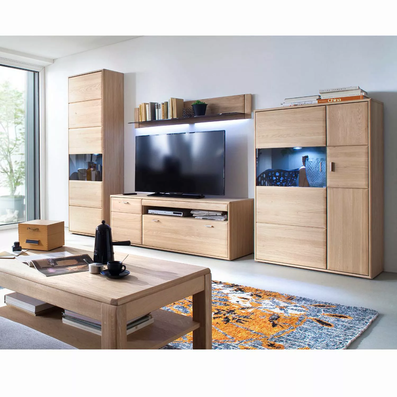 TV-Wohnwand TIJUANA-05 Wohnzimmer-Möbel aus massiver Eiche Bianco, mit Bele günstig online kaufen