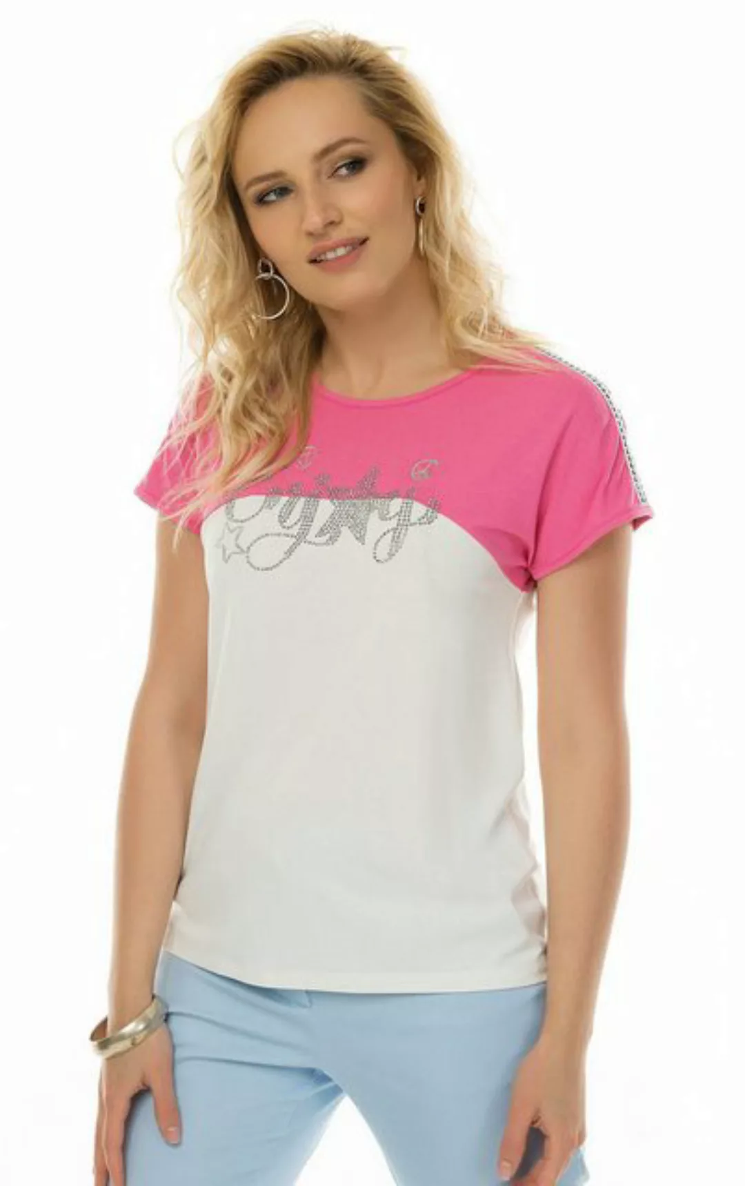 Passioni T-Shirt in Pink-Weiß mit Glitzerschriftzug und Streifen mit silber günstig online kaufen