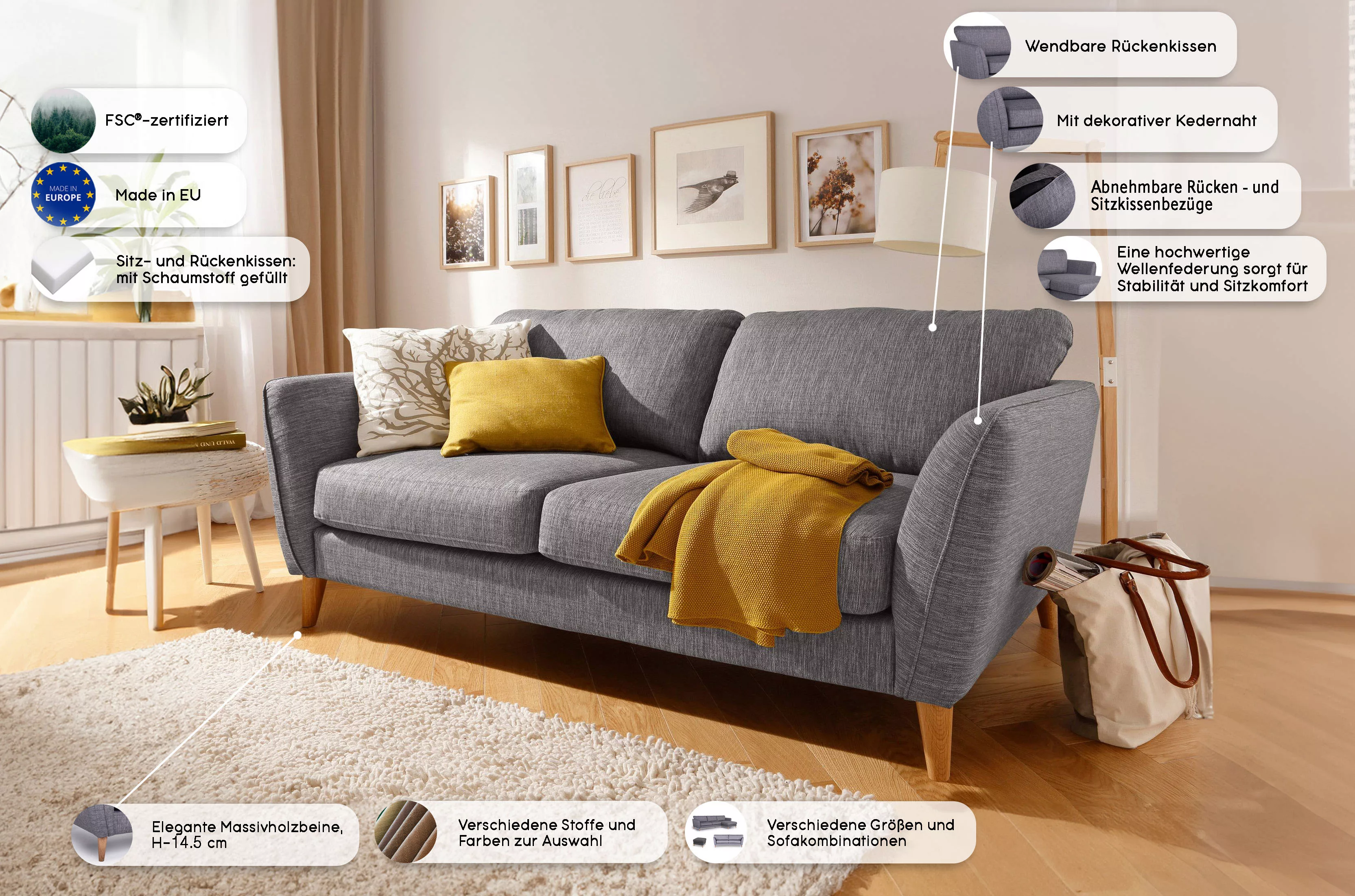 Home affaire 2-Sitzer "MARSEILLE Sofa 170 cm", mit Massivholzbeinen aus Eic günstig online kaufen