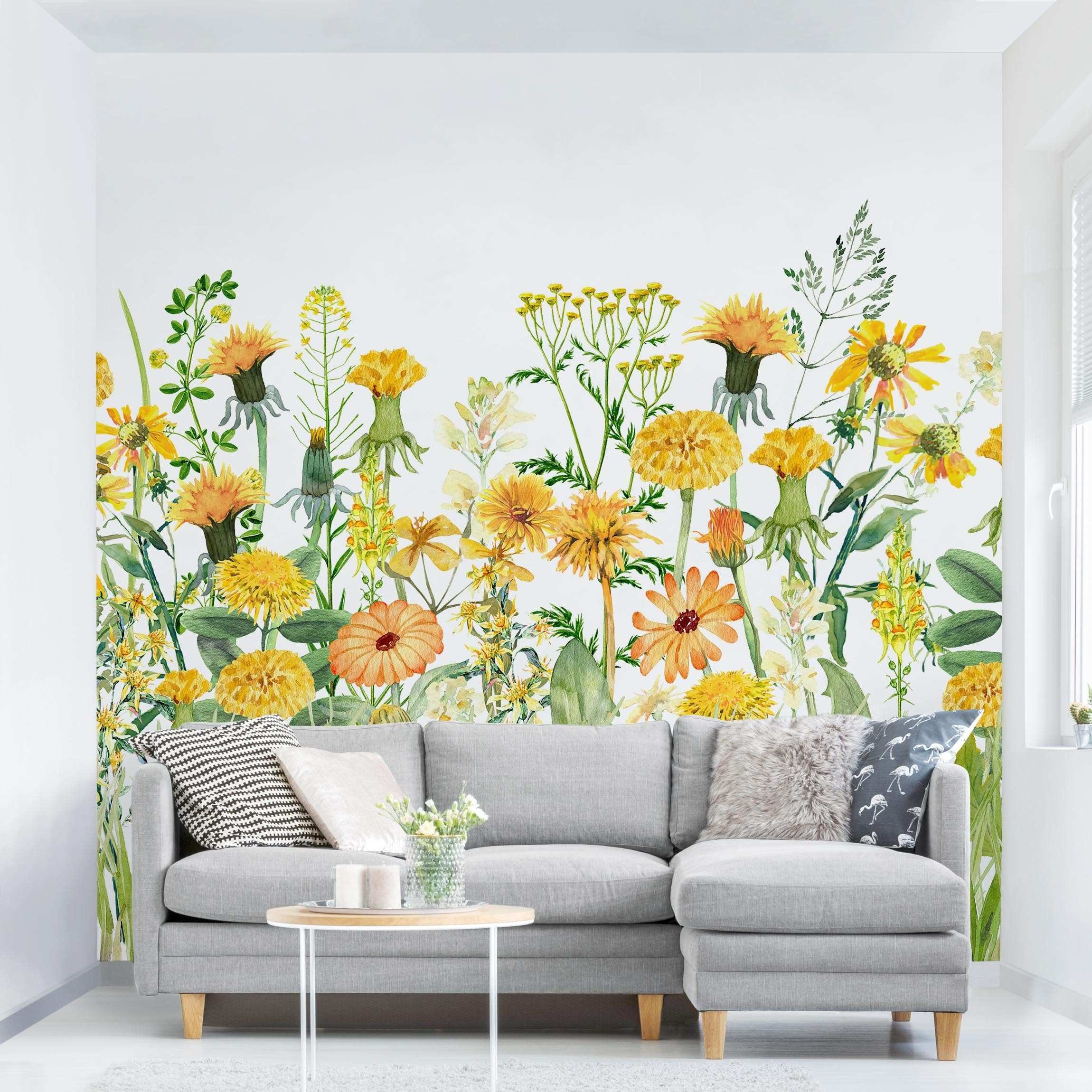 Bilderdepot24 Fototapete Blumen Aquarell Blumenwiese Gelb günstig online kaufen