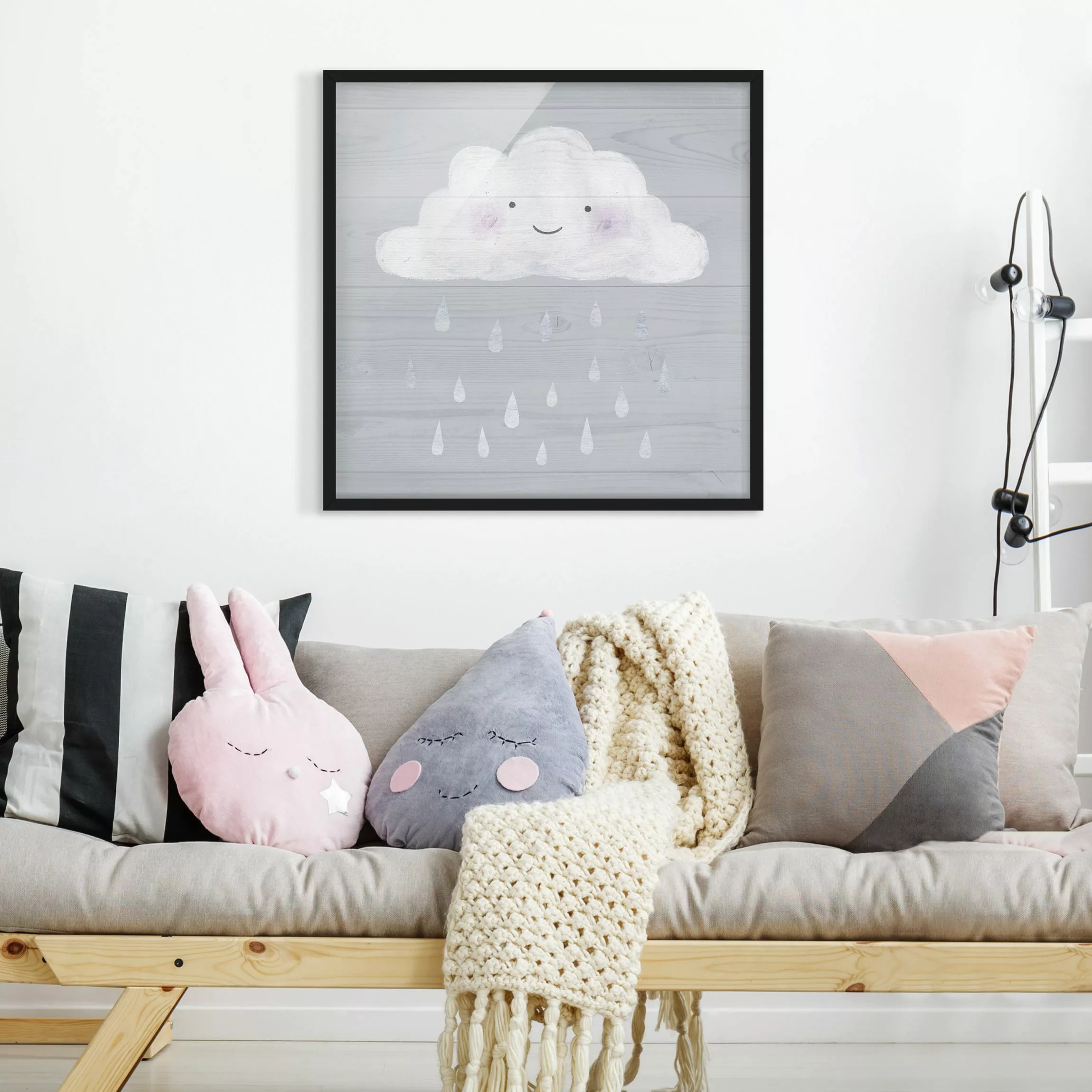 Bild mit Rahmen Kinderzimmer - Quadrat Wolke mit silbernen Regentropfen günstig online kaufen