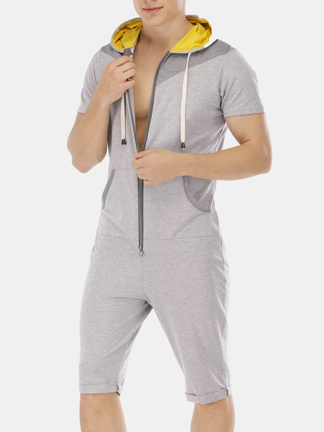 Herren Patchwork Kurzarm Jumpsuits Hooded Casual Pyjamas günstig online kaufen