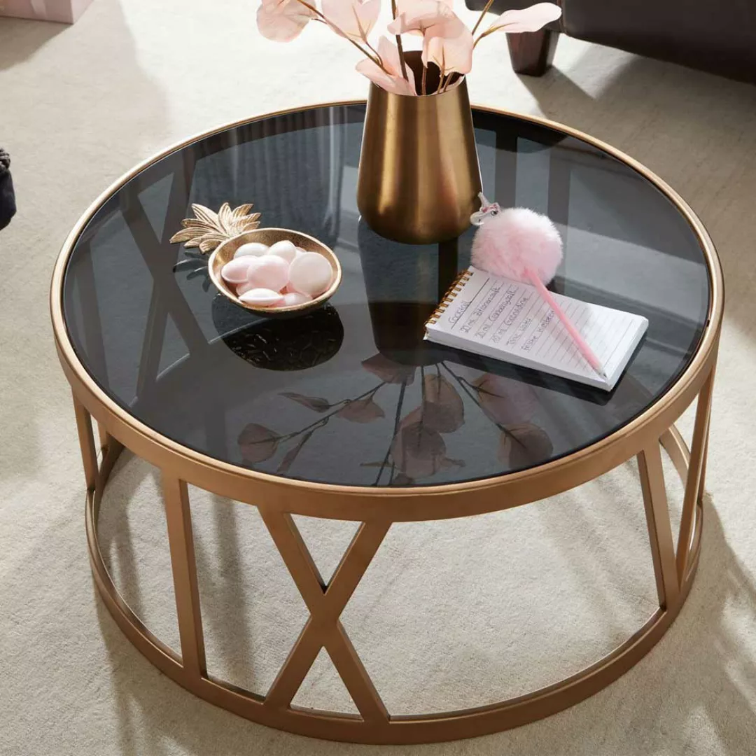Runder Wohnzimmer Tisch in Goldfarben und Schwarz Glasplatte günstig online kaufen