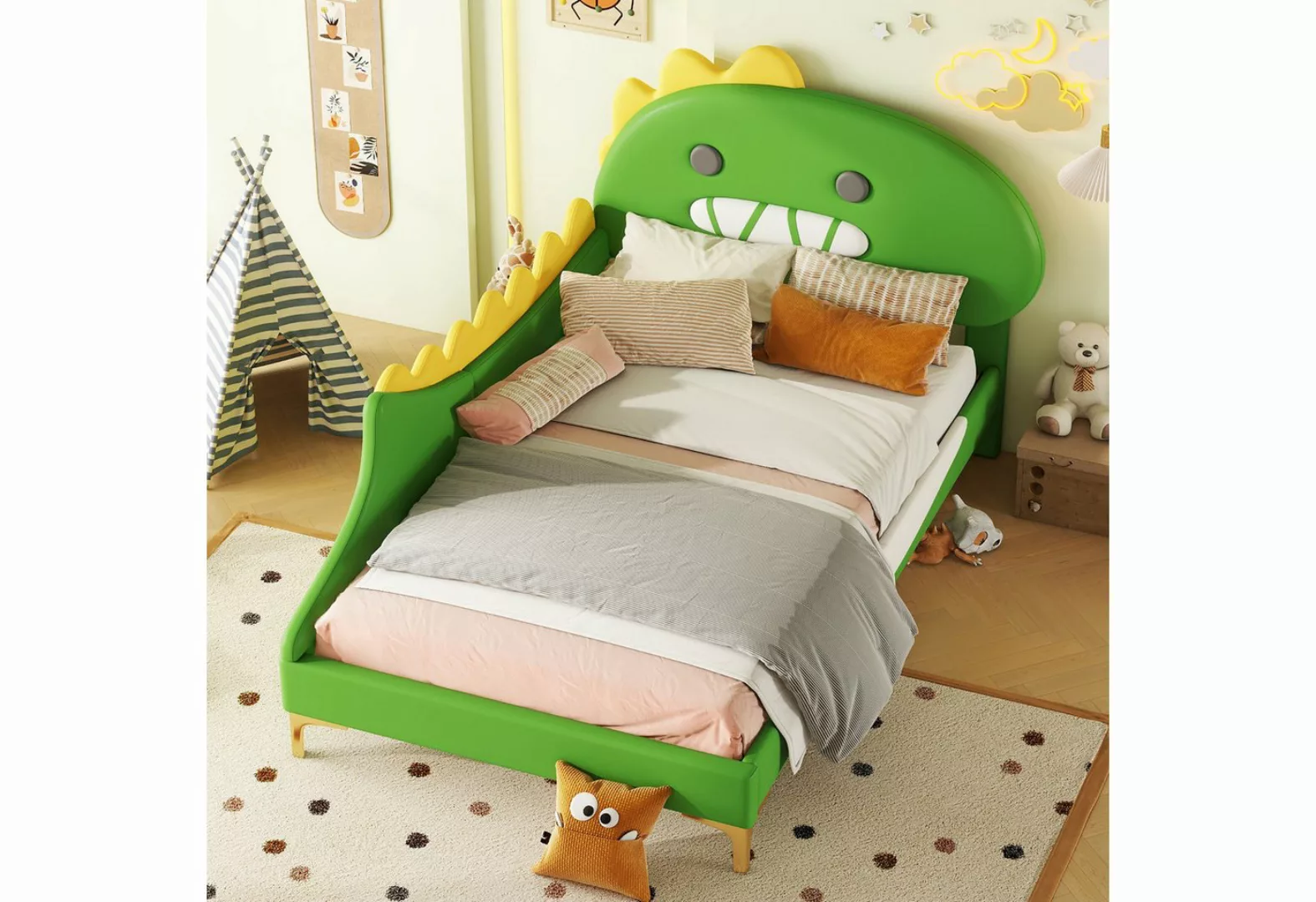 WISHDOR Kinderbett Bett (Cartoon Dinosaurier Form, Flachbett, kunstleder Ma günstig online kaufen