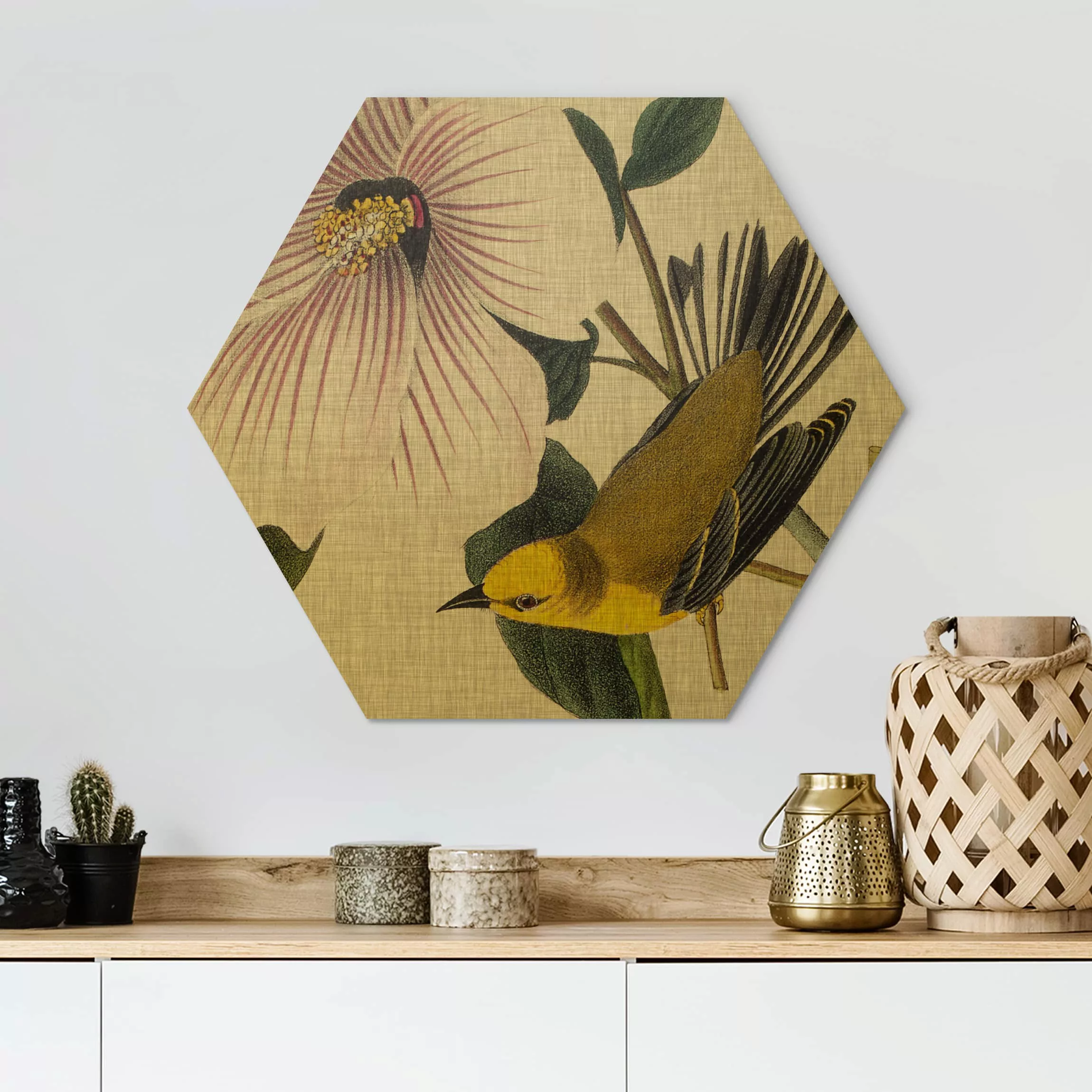 Hexagon-Alu-Dibond Bild Blumen Vogel auf Leinen Gelb I günstig online kaufen