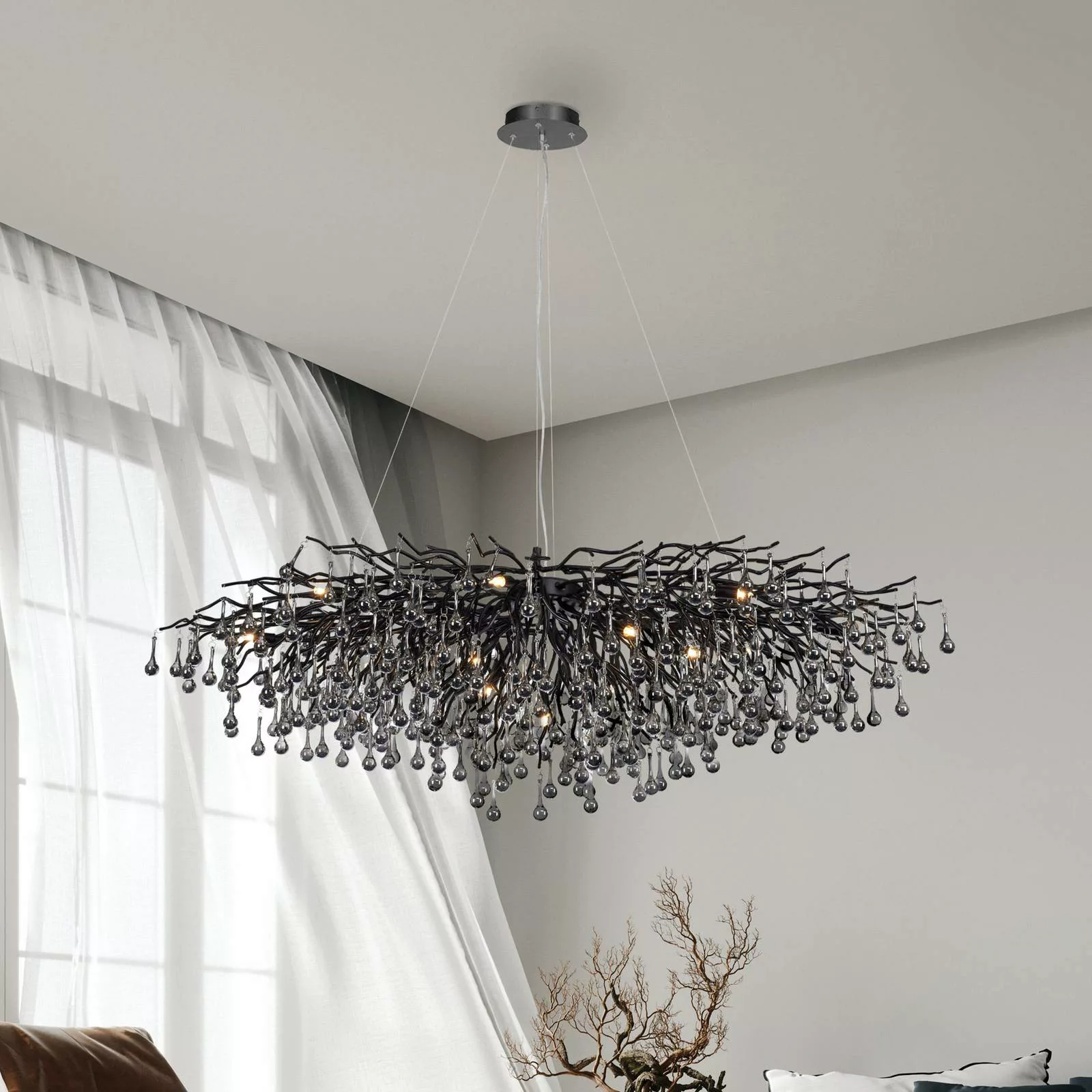 Kronleuchter Icicle, schwarz, Glasbehang, Länge 150 cm günstig online kaufen