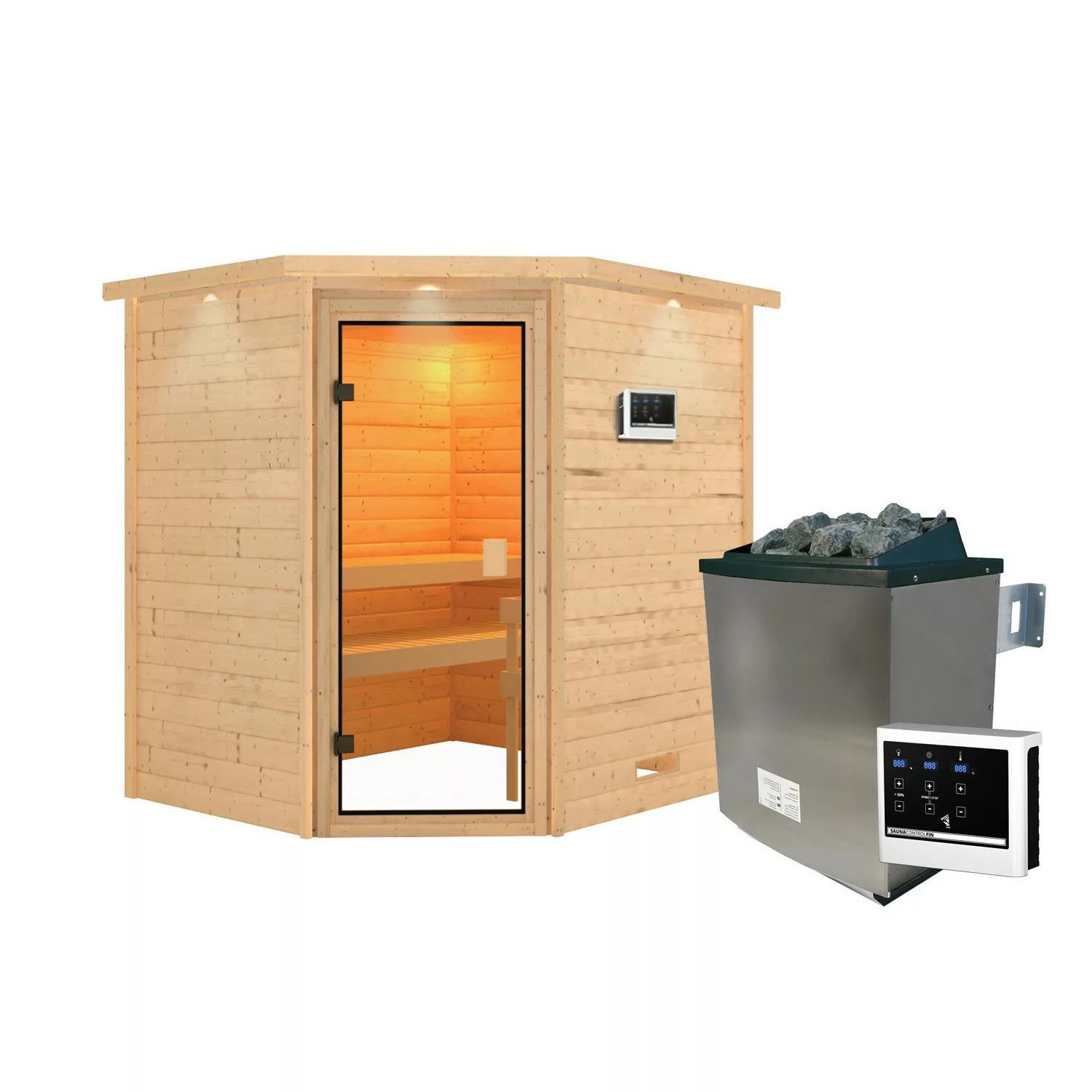 Karibu Sauna Elea mit Kranz Set Naturbelassen mit Ofen 9 kW ext. Steuerung günstig online kaufen