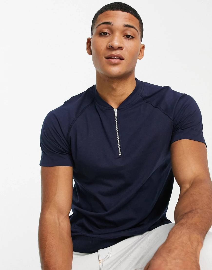 ASOS DESIGN – T-Shirt in Marineblau mit Grandad-Kragen, Reißverschluss und günstig online kaufen