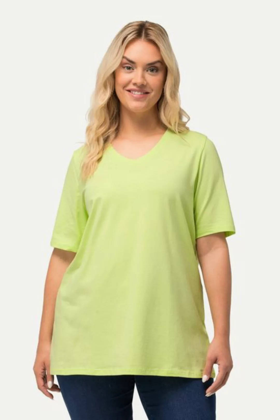 Ulla Popken Rundhalsshirt T-Shirt A-Linie V-Ausschnitt Halbarm günstig online kaufen
