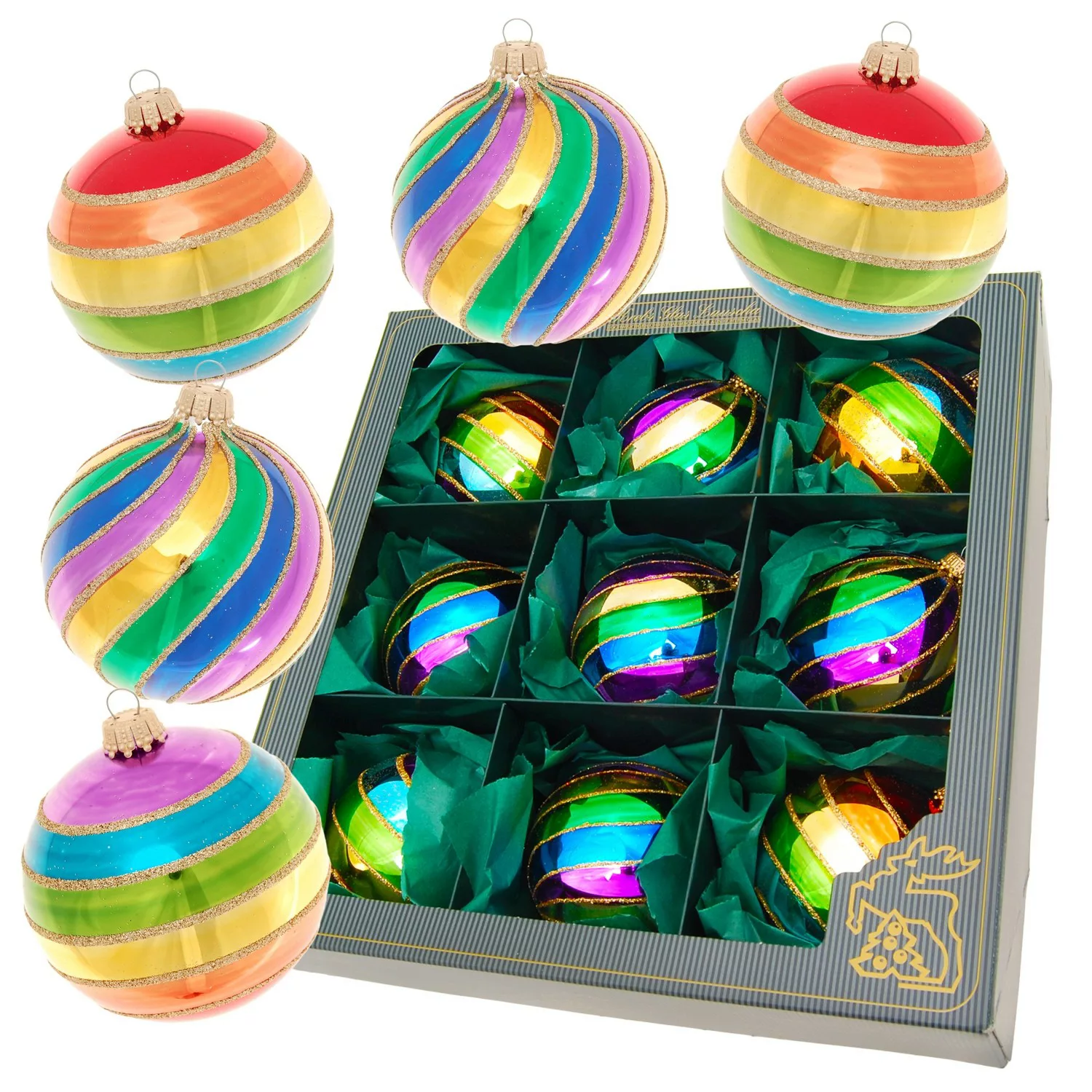 Krebs Glas Lauscha Weihnachtskugeln Rainbow 9-tlg. 8cm günstig online kaufen