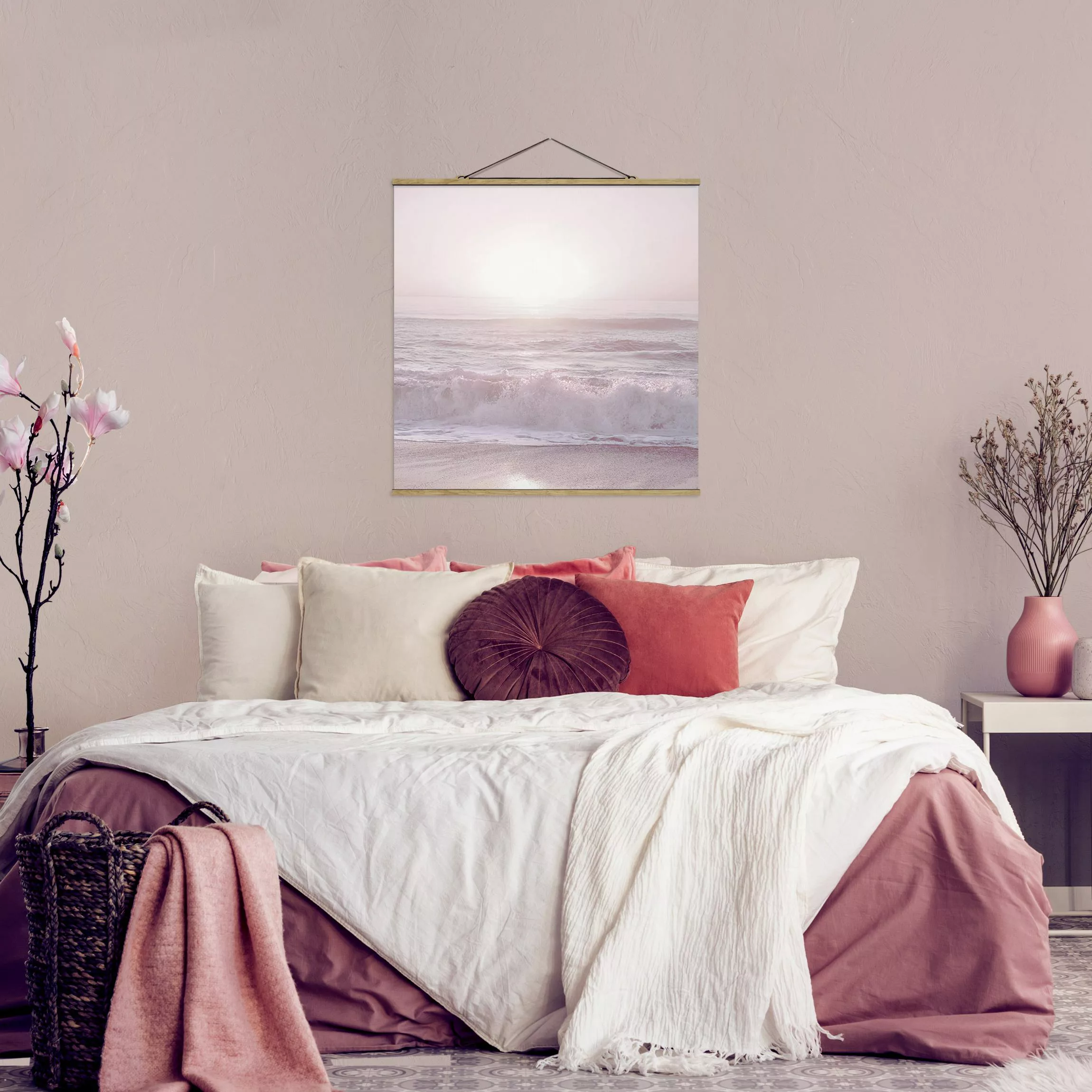 Stoffbild mit Posterleisten Sonnenuntergang in zartem Rosa günstig online kaufen