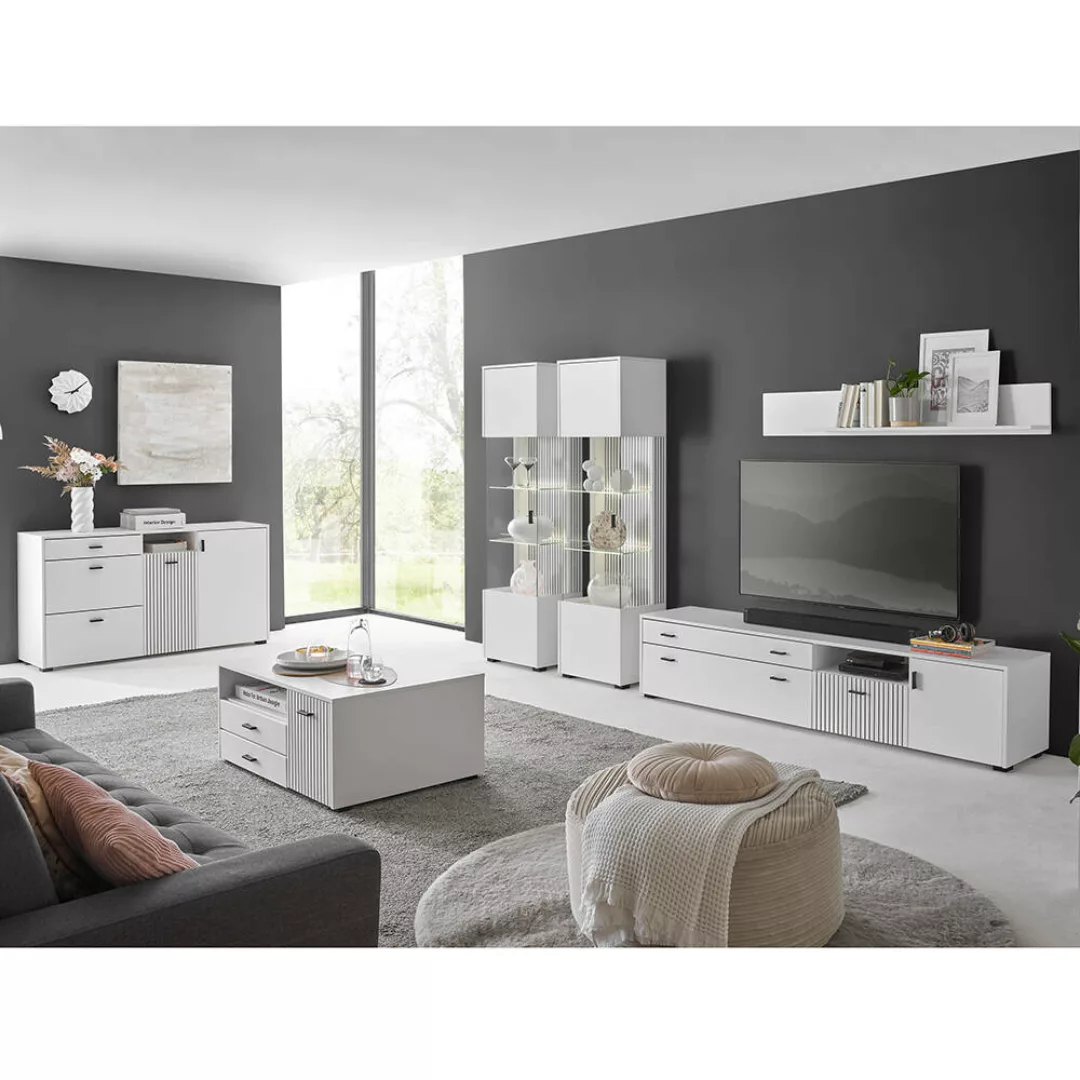 Wohnzimmer Set mit Vitrinen weiß matt schwarz gerillt HUNTER-61, 6-teilig günstig online kaufen