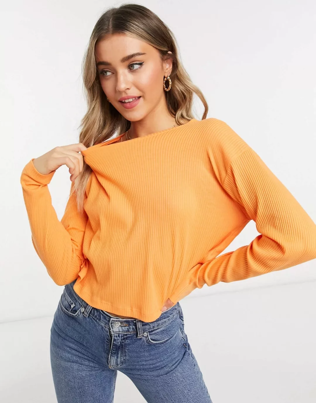ASOS DESIGN – Langärmliges, kastenförmiges Shirt in Rippstrick in Orange günstig online kaufen