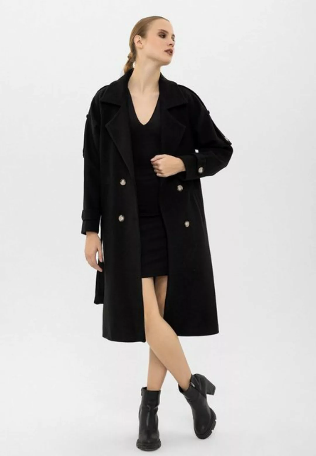 RESSAM Langmantel Langer Mantel mit Gürtel vorne und Knopfverschluss günstig online kaufen