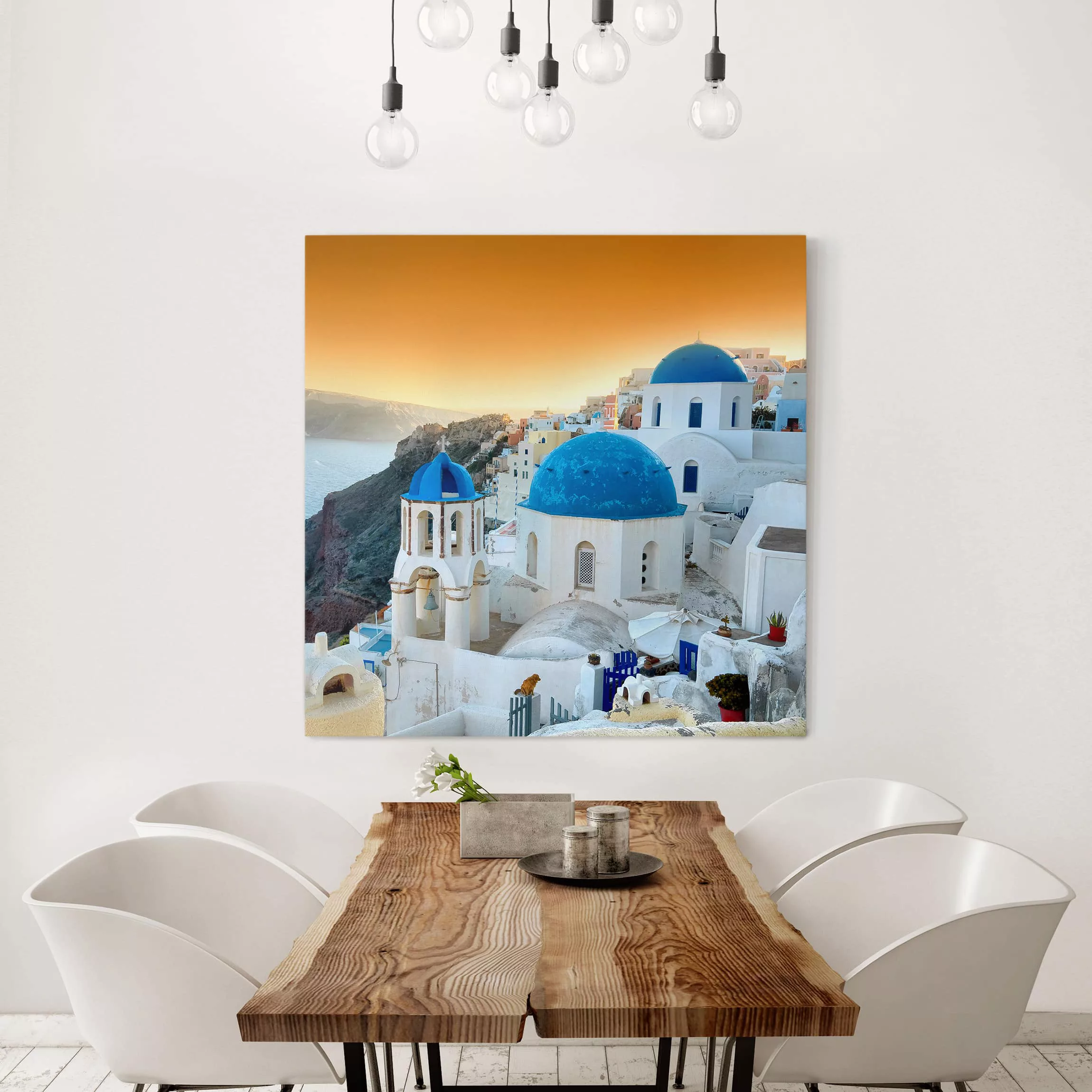 Leinwandbild Architektur & Skyline - Quadrat Sonnenuntergang über Santorin günstig online kaufen