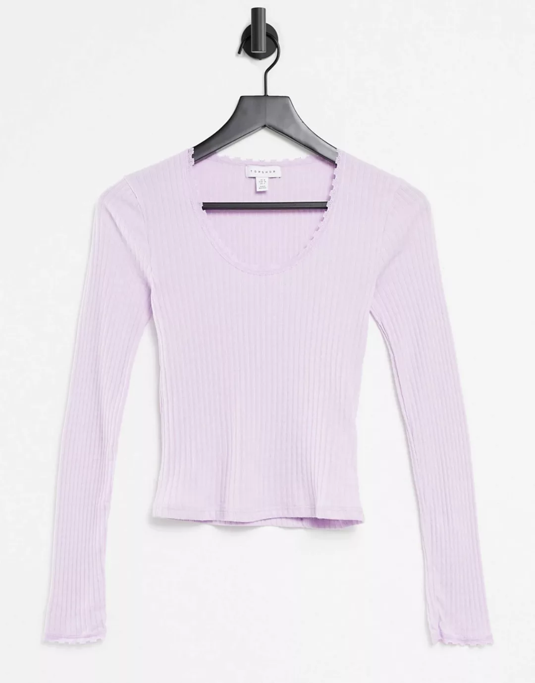 Topshop – Langärmliges Shirt in Flieder mit Pointelle-Spitzenkante-Lila günstig online kaufen