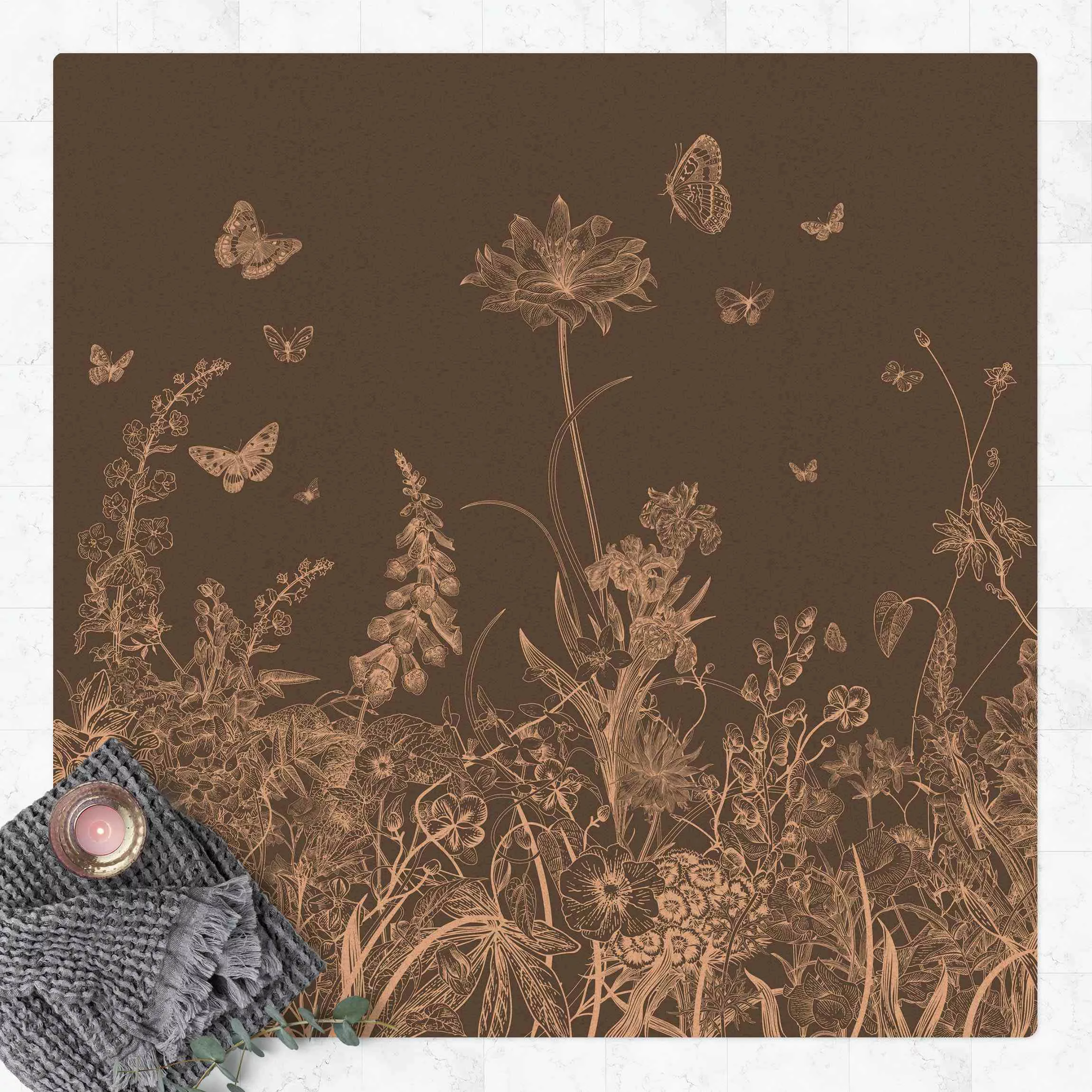 Kork-Teppich Große Blumen mit Schmetterlingen in Grau günstig online kaufen