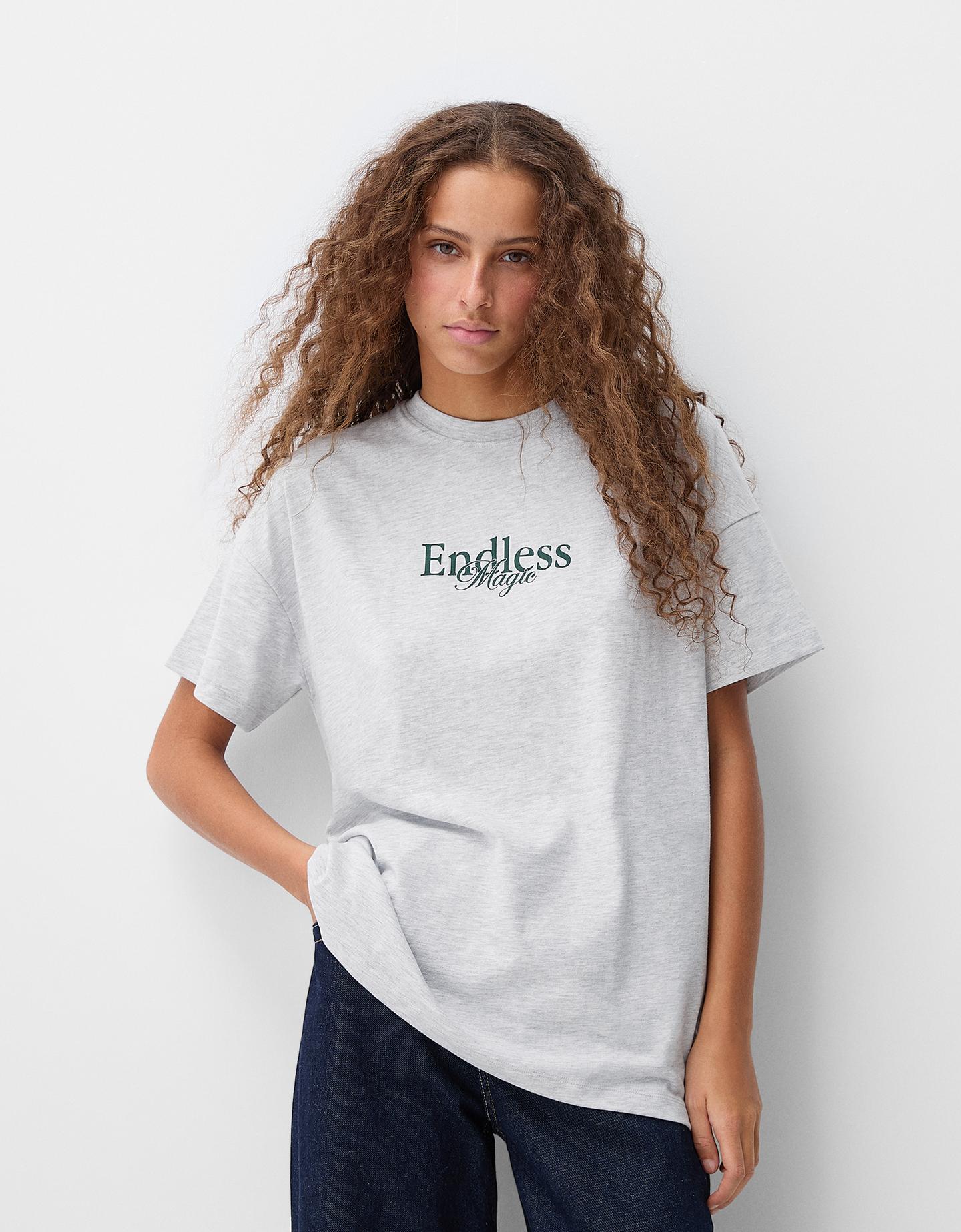 Bershka Oversize-T-Shirt Mit Print Damen L Grau günstig online kaufen