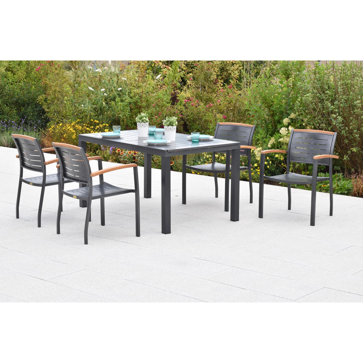 Merxx Tinos Set 5-tlg. 4 Stapelsessel Gartentisch Ausziehbar 150 (200) x 90 günstig online kaufen