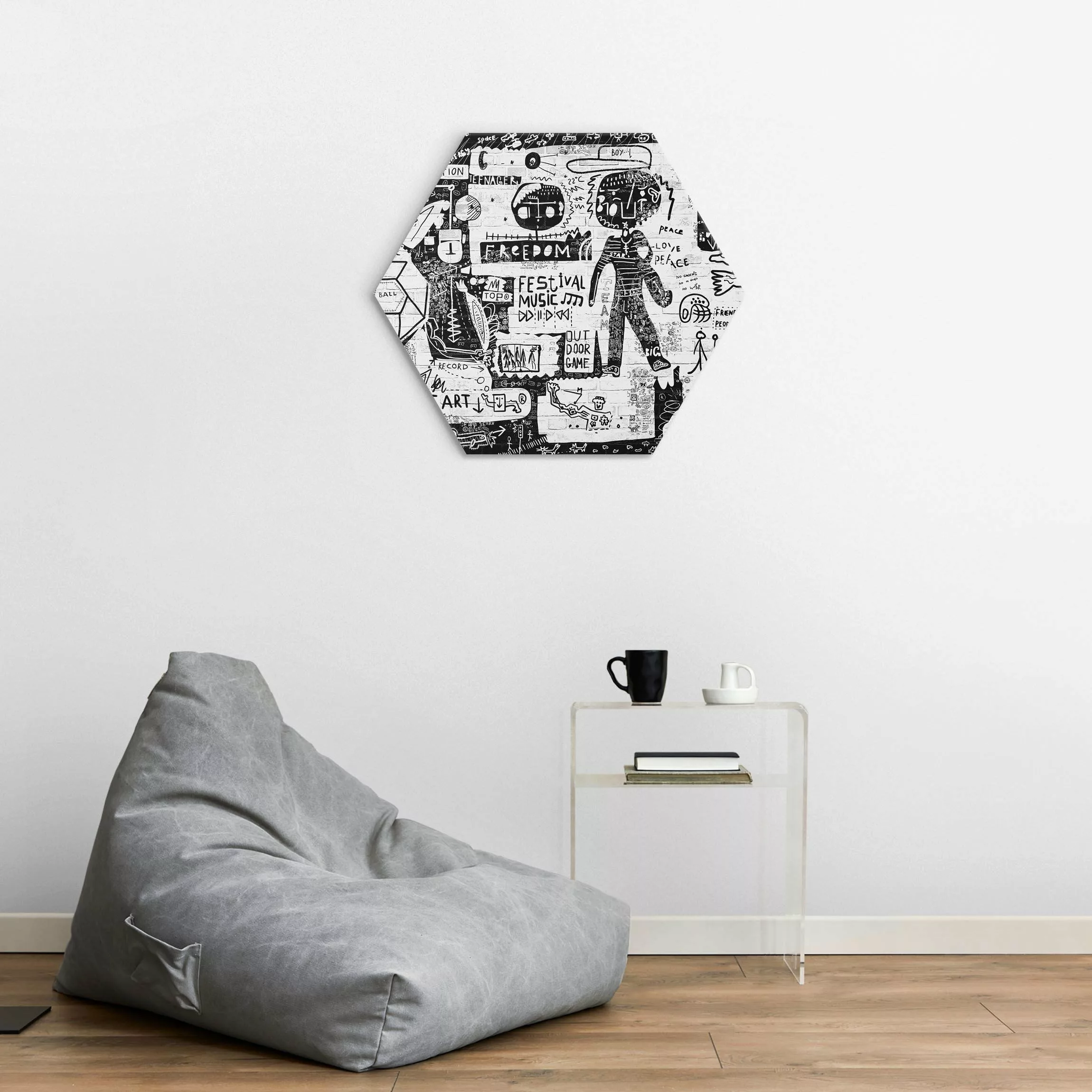Hexagon-Alu-Dibond Bild Abstract Graffiti Art Schwarz Weiß günstig online kaufen