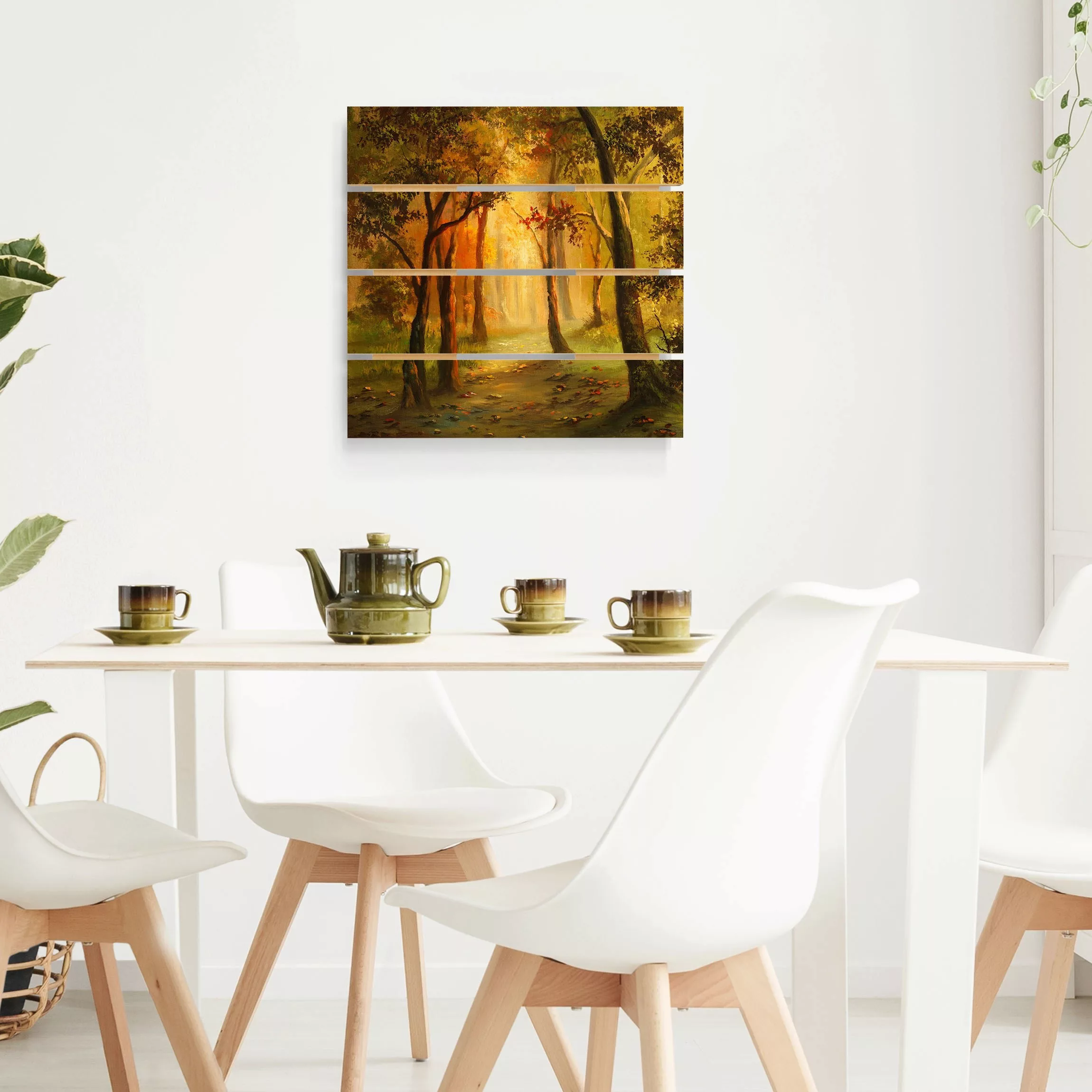 Holzbild Plankenoptik Natur & Landschaft - Quadrat Gemälde einer Waldlichtu günstig online kaufen