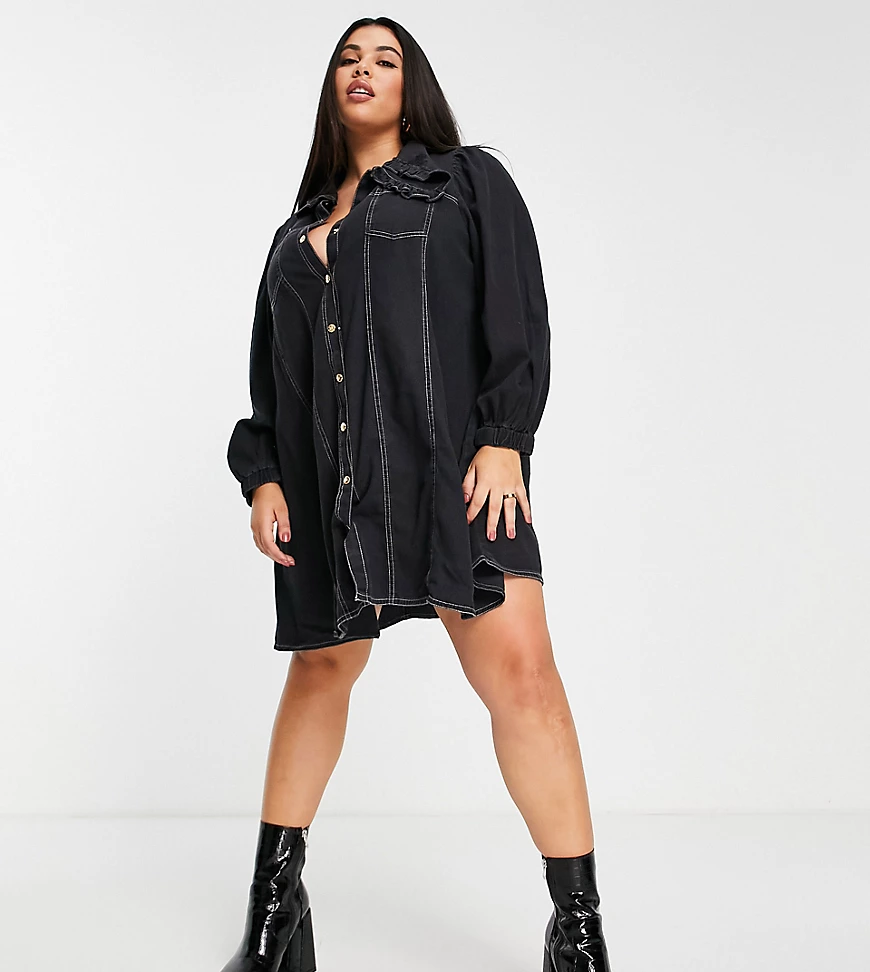 River Island Plus – Kurzes Jeanskleid in Schwarz mit Puffärmeln und Kragen günstig online kaufen