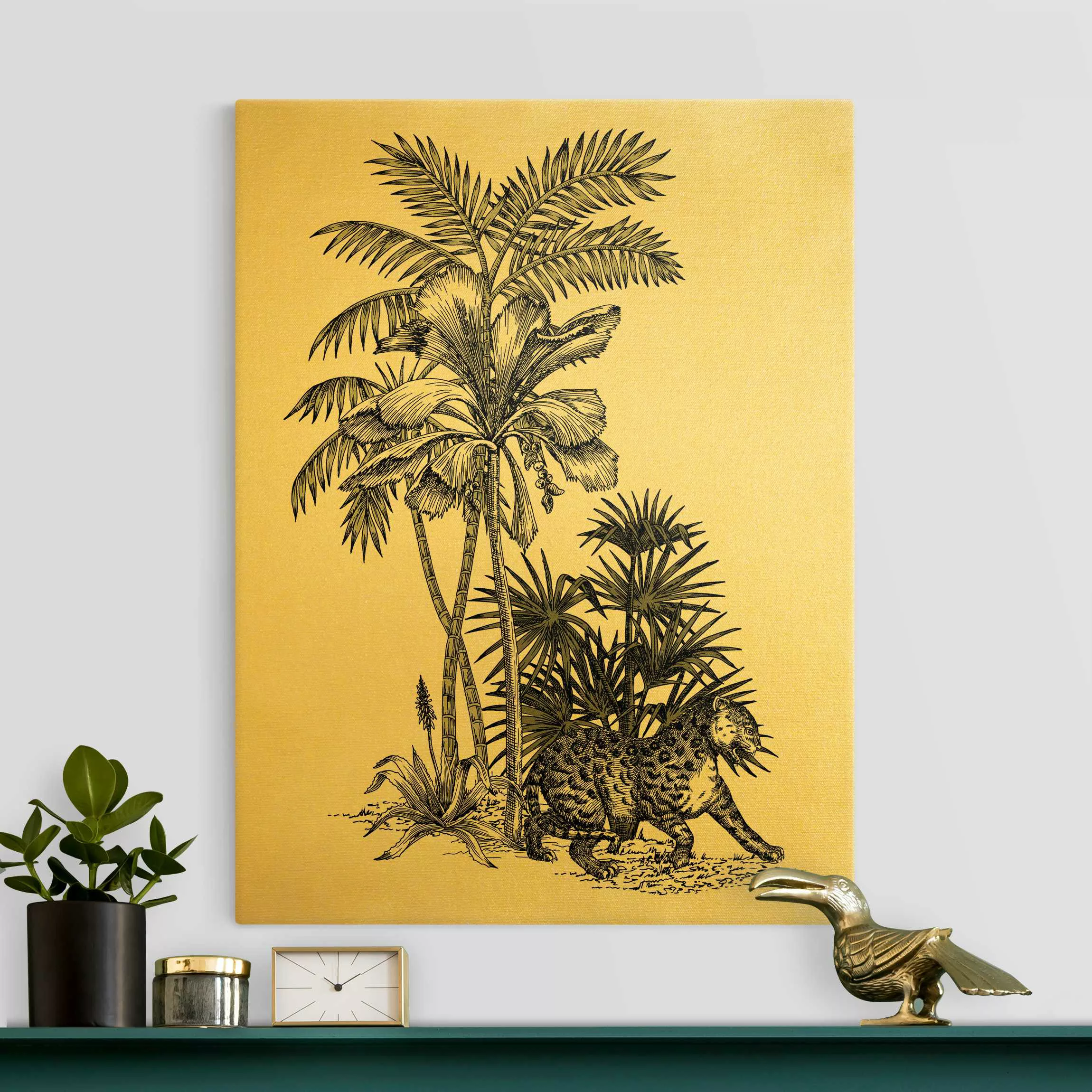 Leinwandbild Vintage Illustration - Tiger und Palmen günstig online kaufen